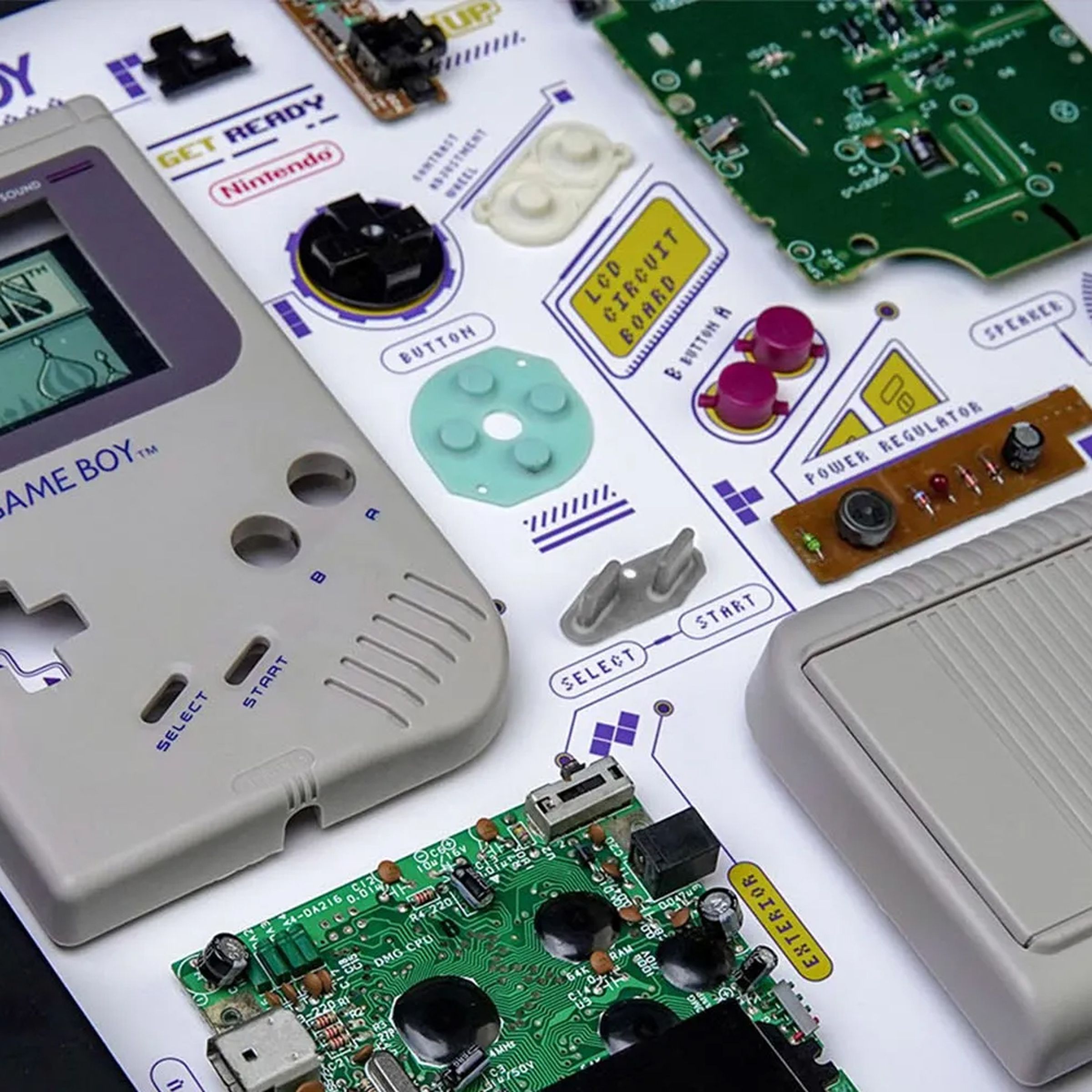 A close-up image of Grid’s framed, dissected Game Boy with labeled components and measurements.
