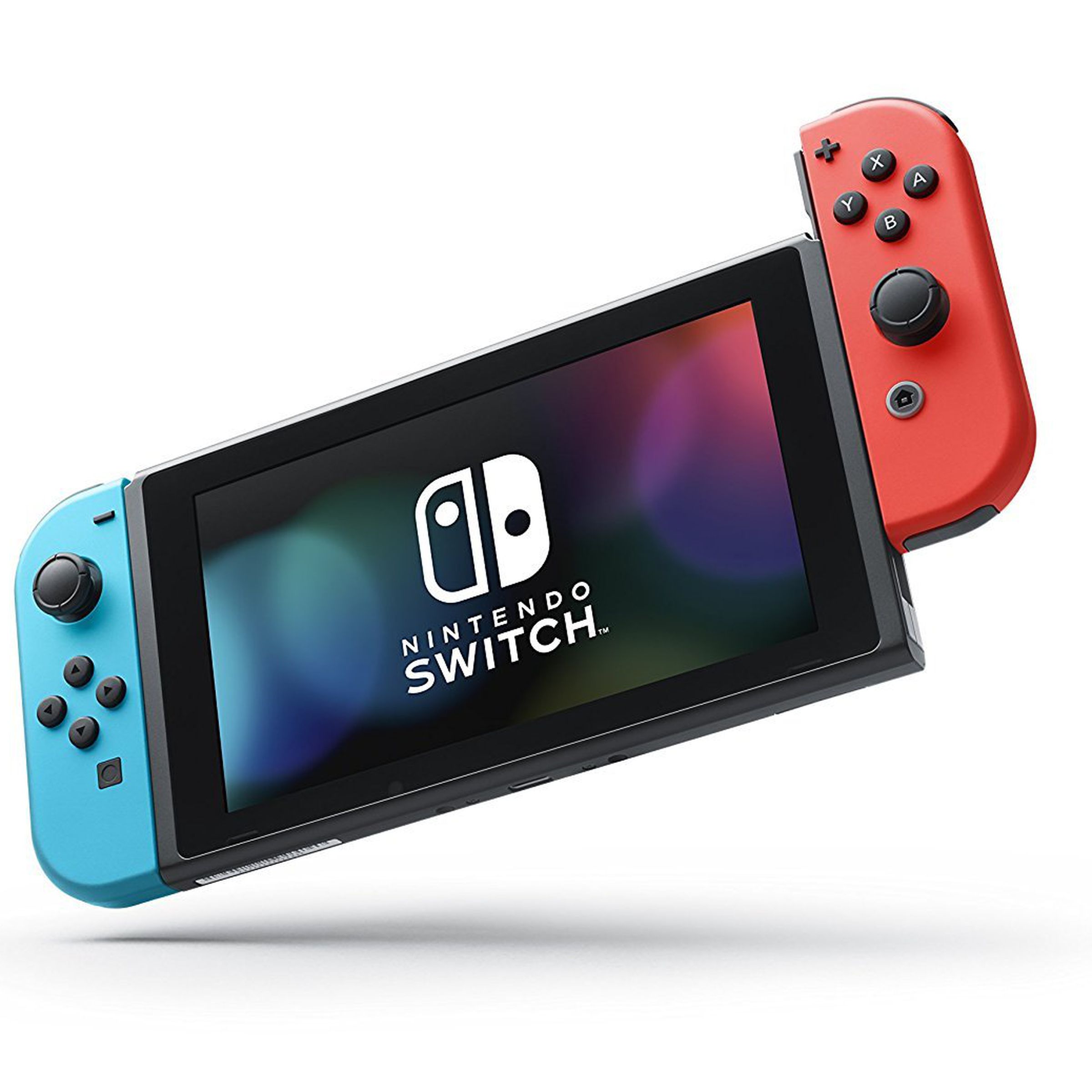 Nintendo switch with blue and red joy-cons.