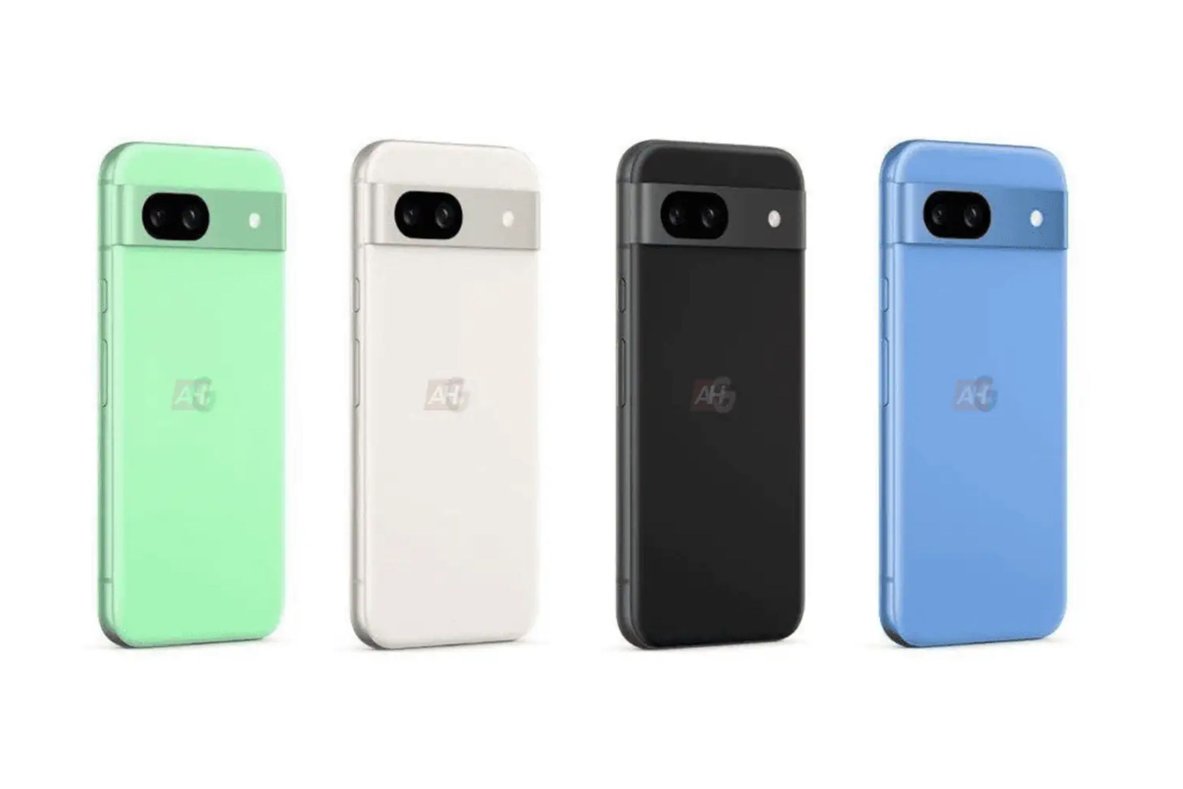 Marketing images of Google’s Pixel 8A phone in four colors.