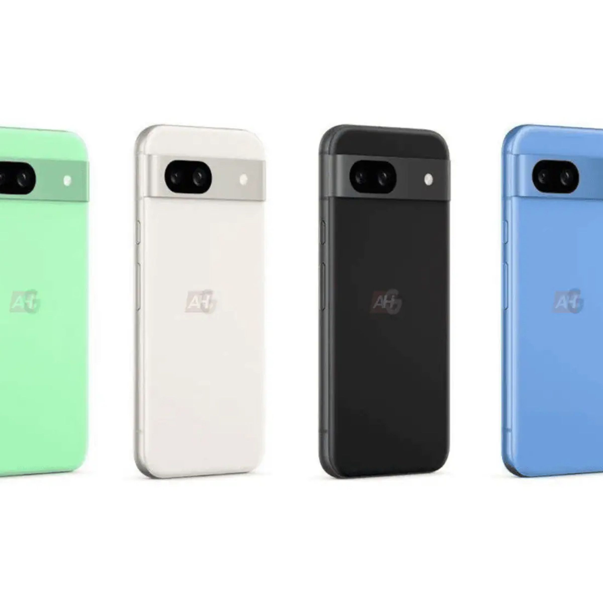 Marketing images of Google’s Pixel 8A phone in four colors.