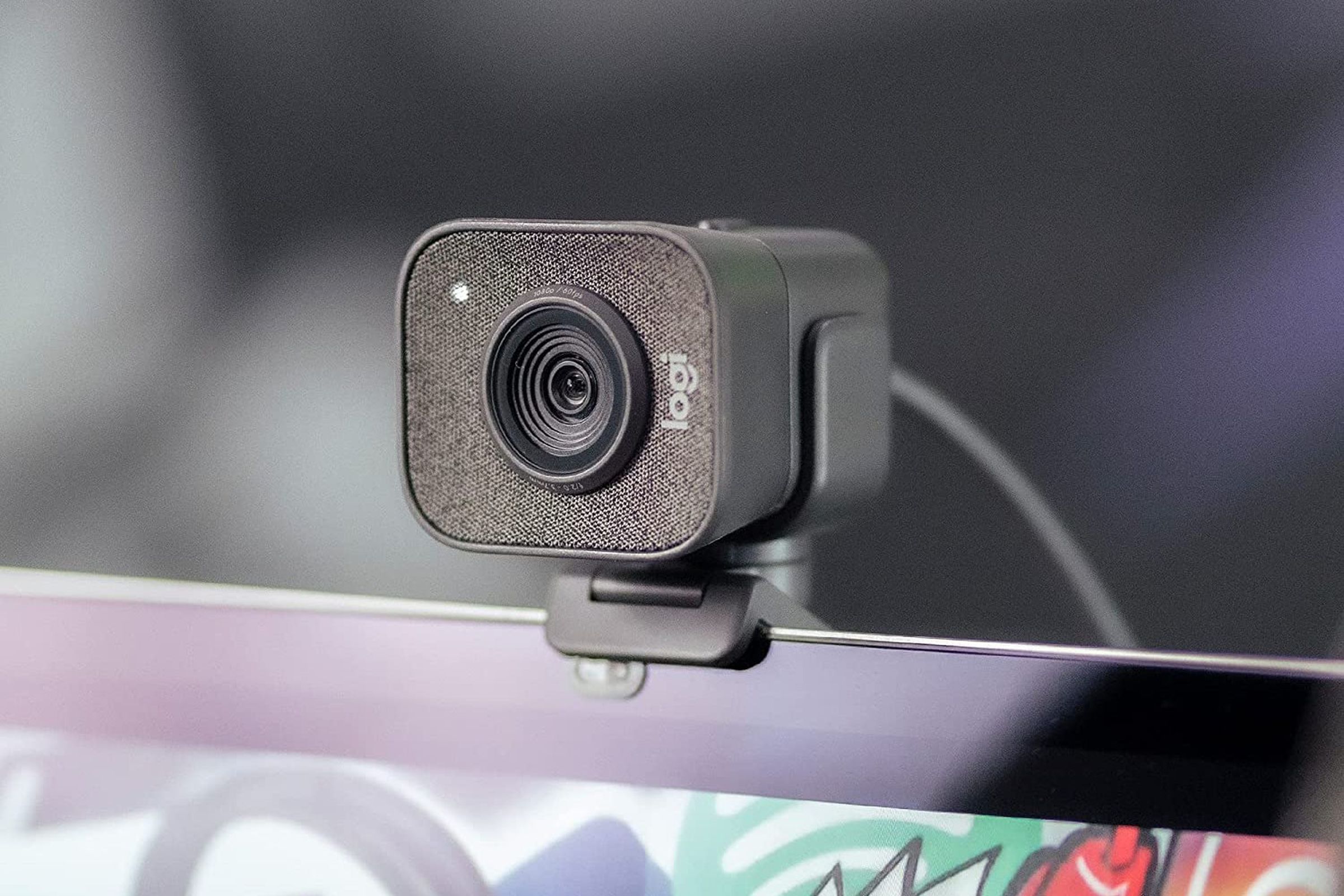 Logitech’s Streamcam webcam perched on top of a monitor.