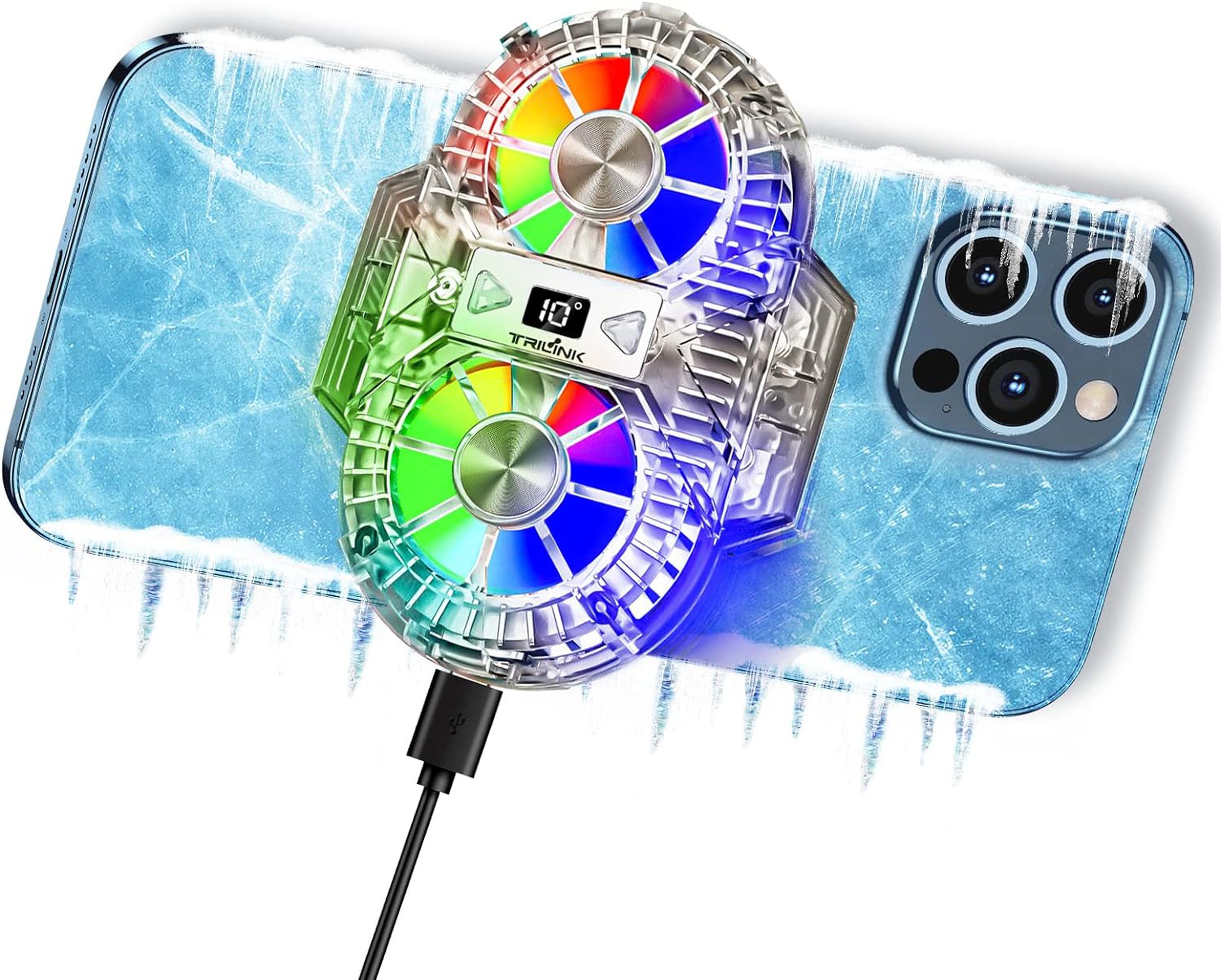 A phone covered in snow with white icicles. A very RGB dual-rotor fan is stuck to the back.