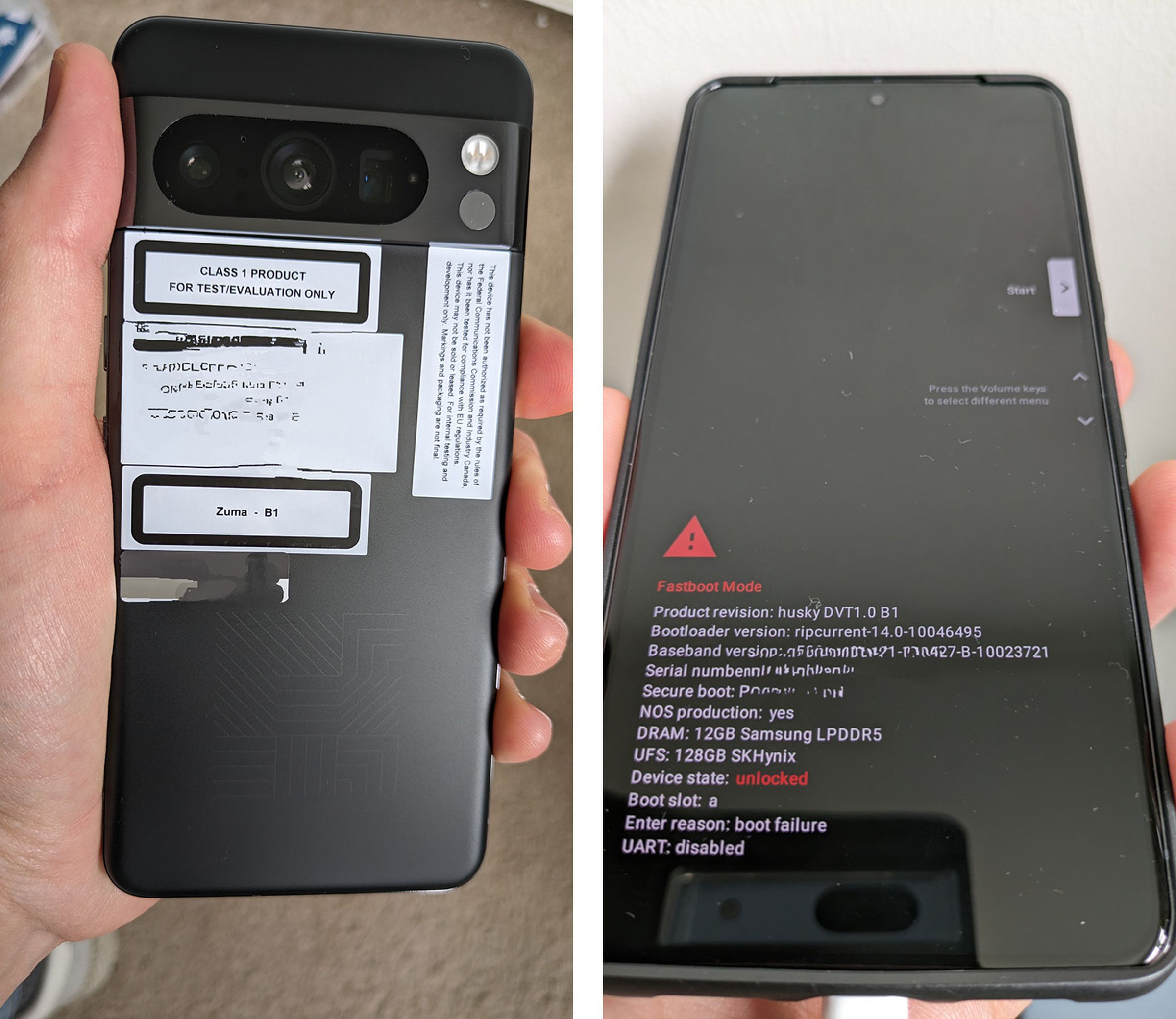 Two pictures of a Google Pixel 8 Pro smartphone being tested in leaked photographs.