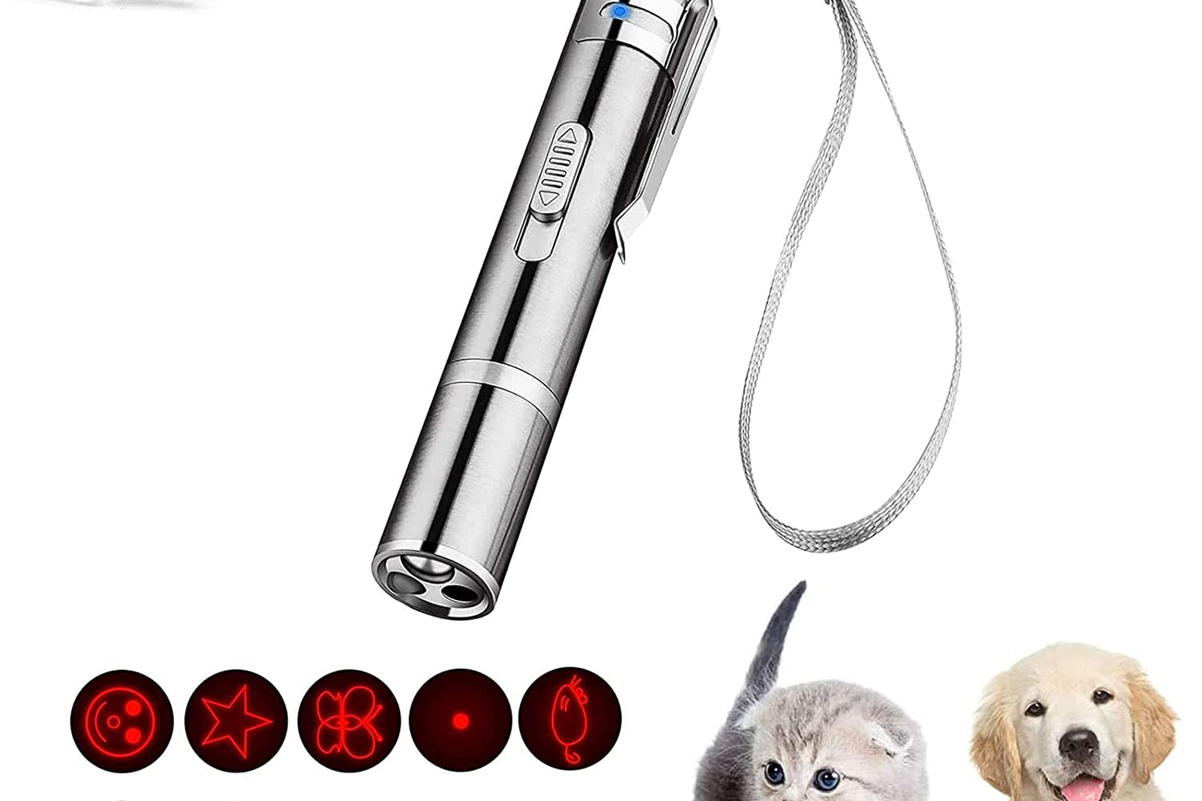 long, silver laser cat toy with available patterns shown on the lower left, and a puppy and kitten on the lower right.