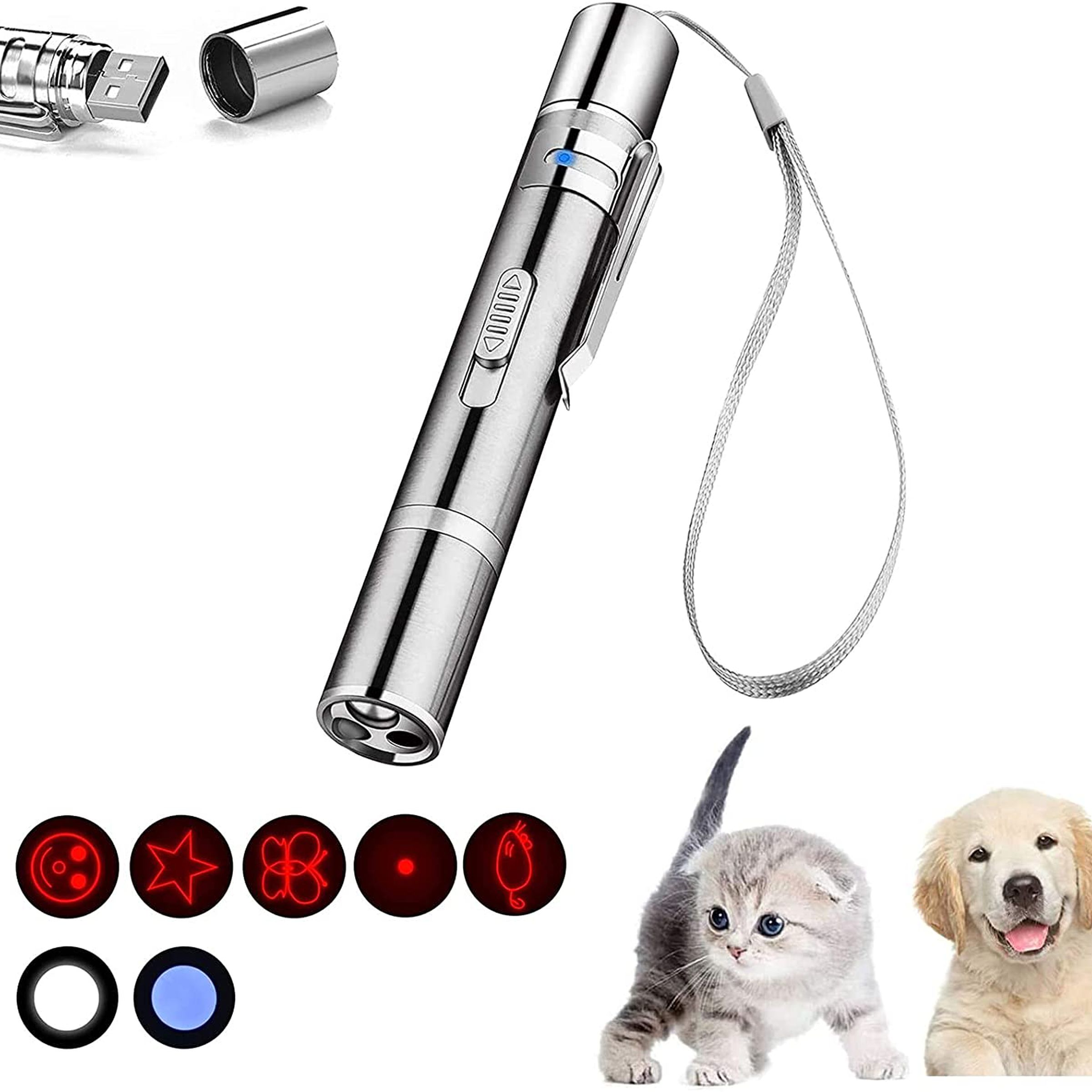 long, silver laser cat toy with available patterns shown on the lower left, and a puppy and kitten on the lower right.