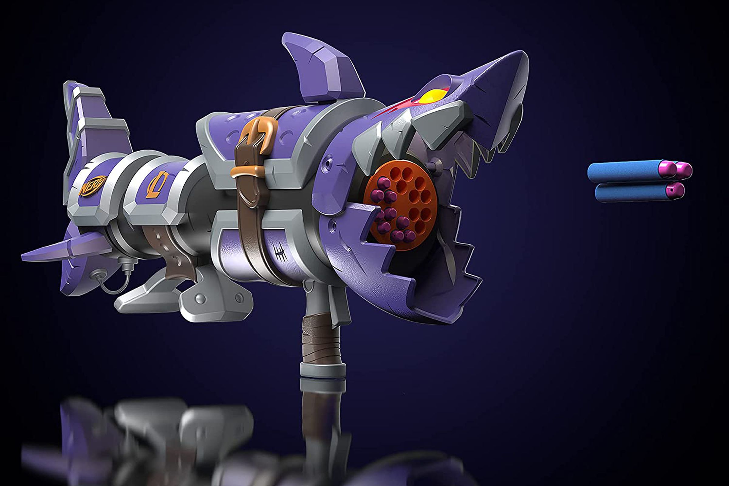 Purple metal shark armor around a rocket launcher, is what it looks like