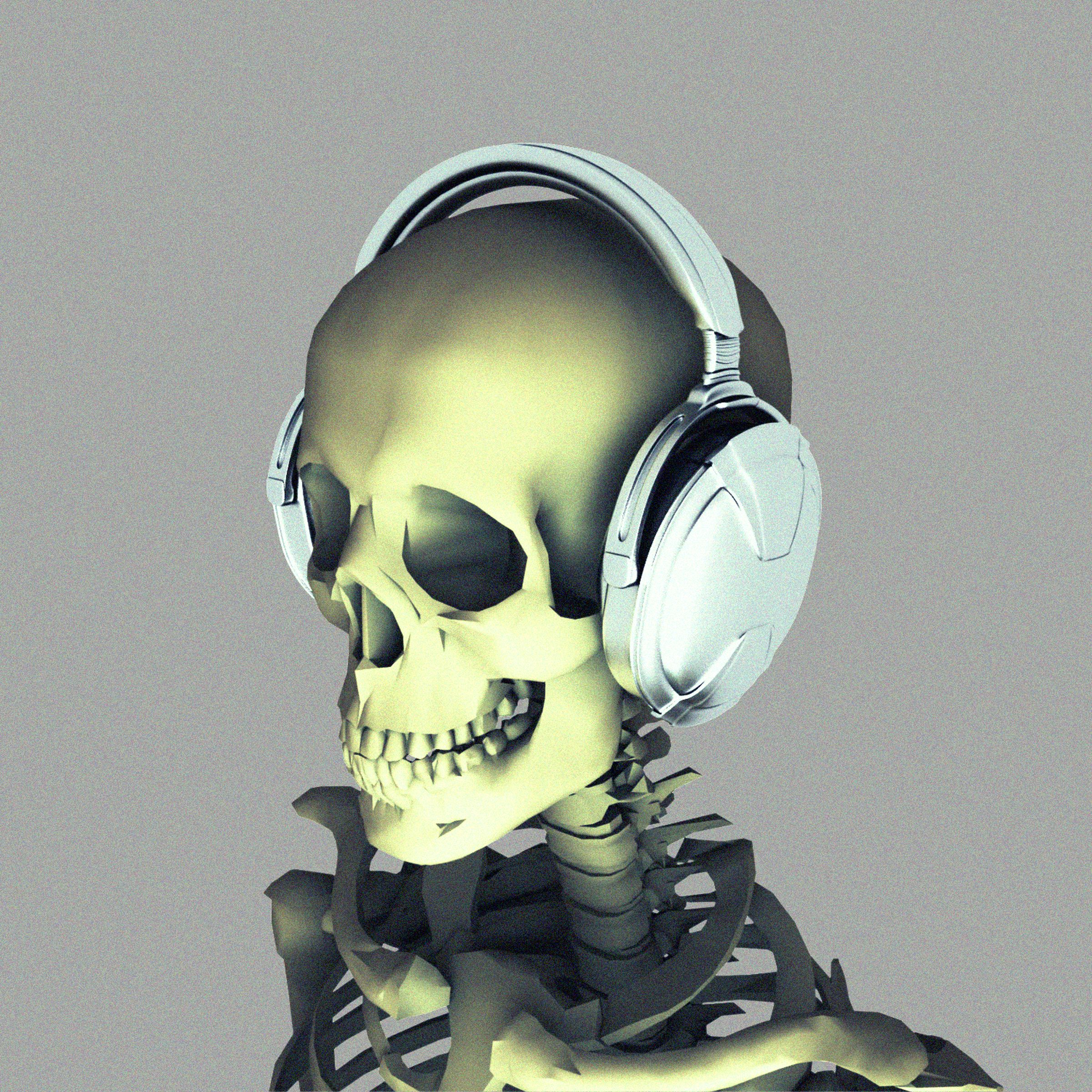 3D illustration of a skeleton with headphones on.
