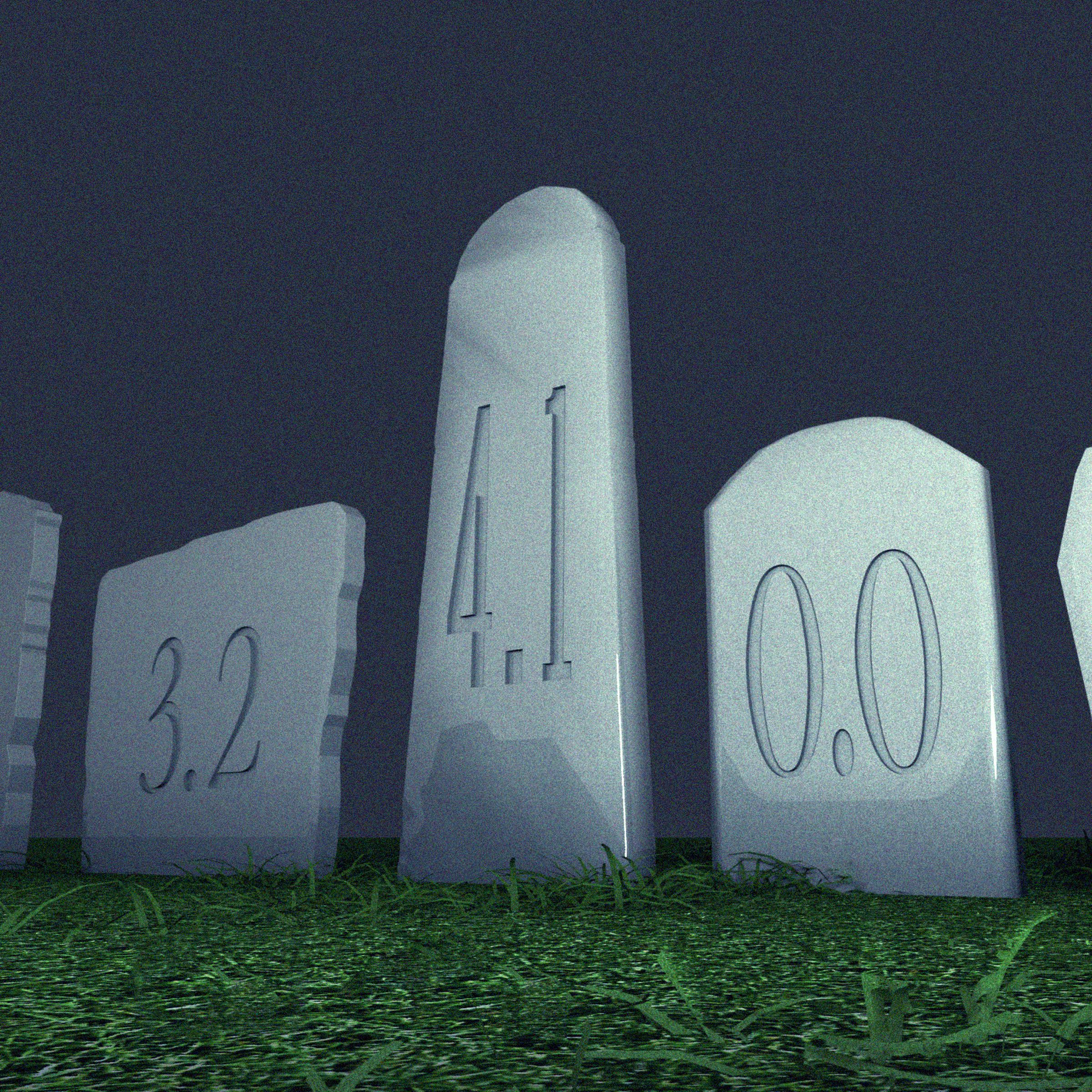 3D illustration of gravestones with bad album review scores.