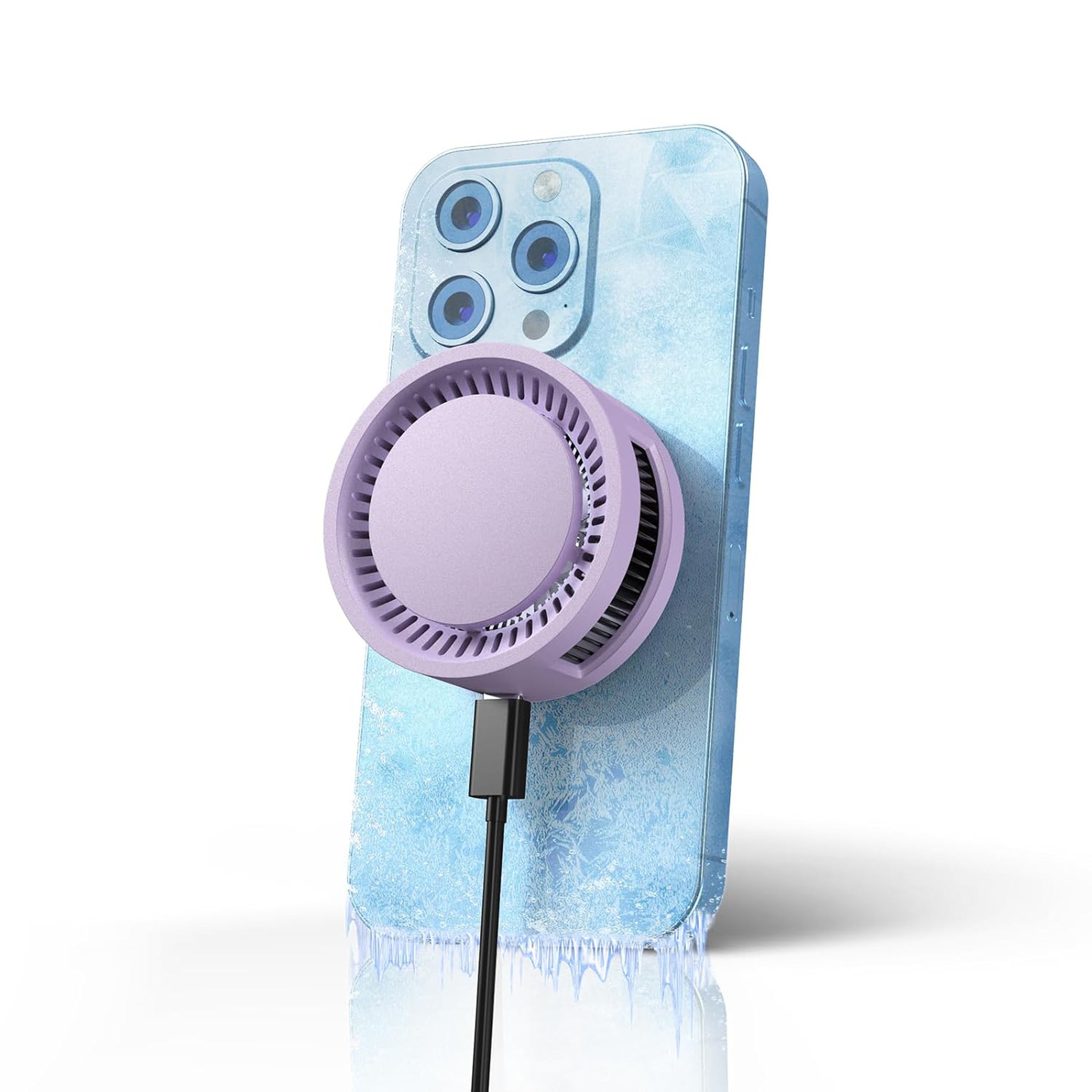 An iPhone-like phone with a purple fan attached, plugged into power. The phone sits upright and has some frost on it, with some icicles forming on the bottom.