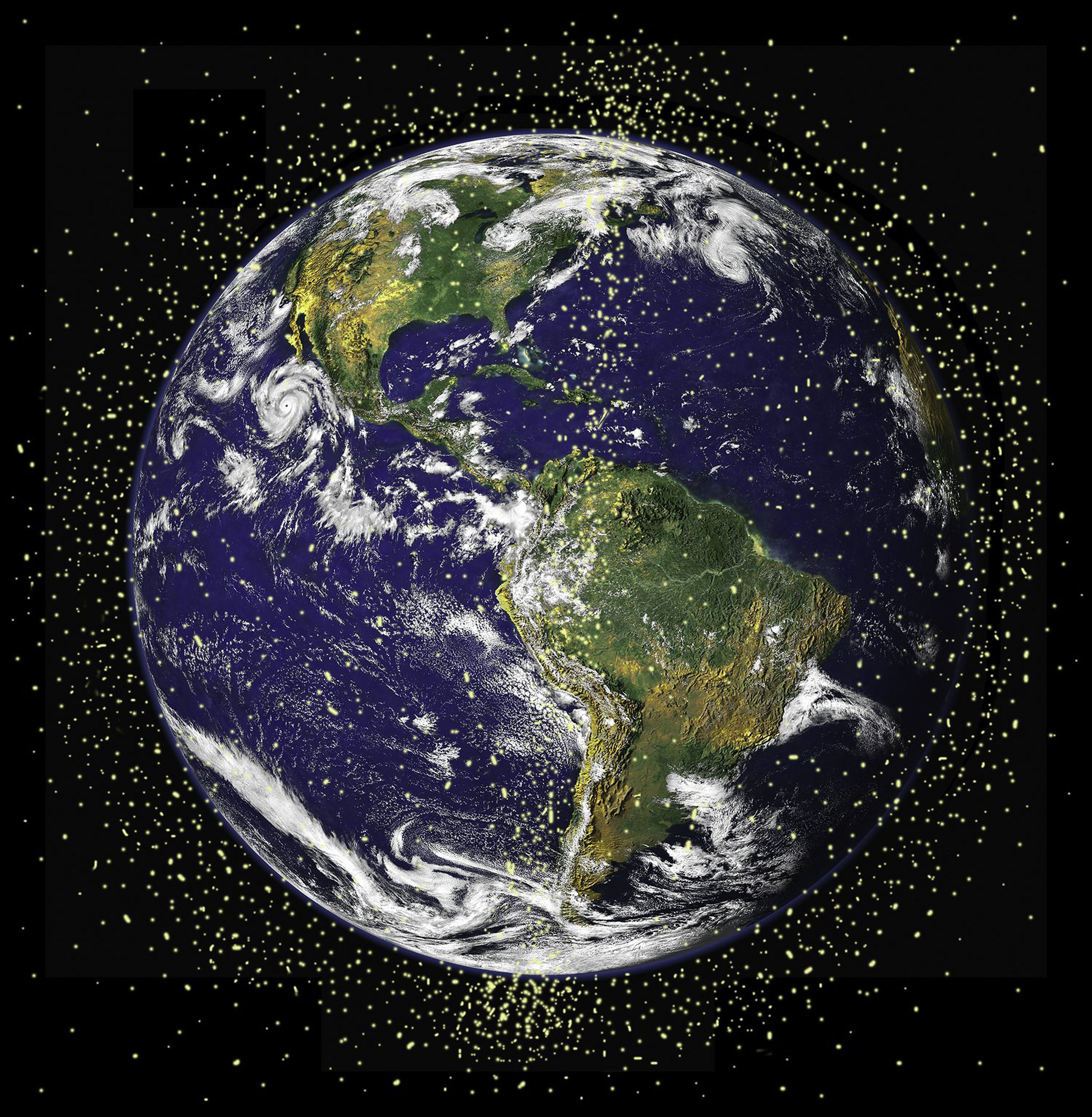 A NASA visualization of orbital debris and micrometeoroids surrounding the Earth.