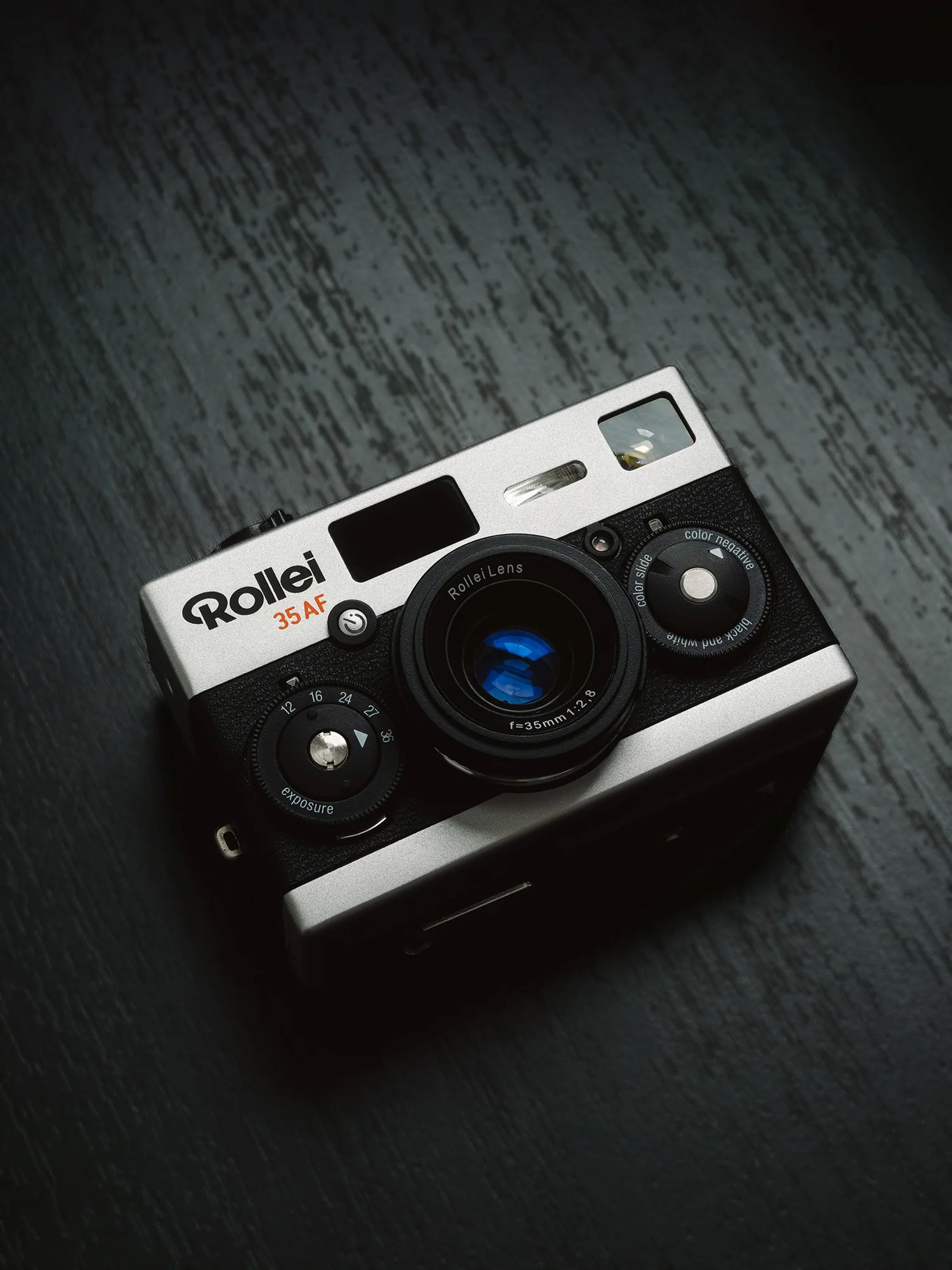 The Rollei 35AF camera resting on a table.