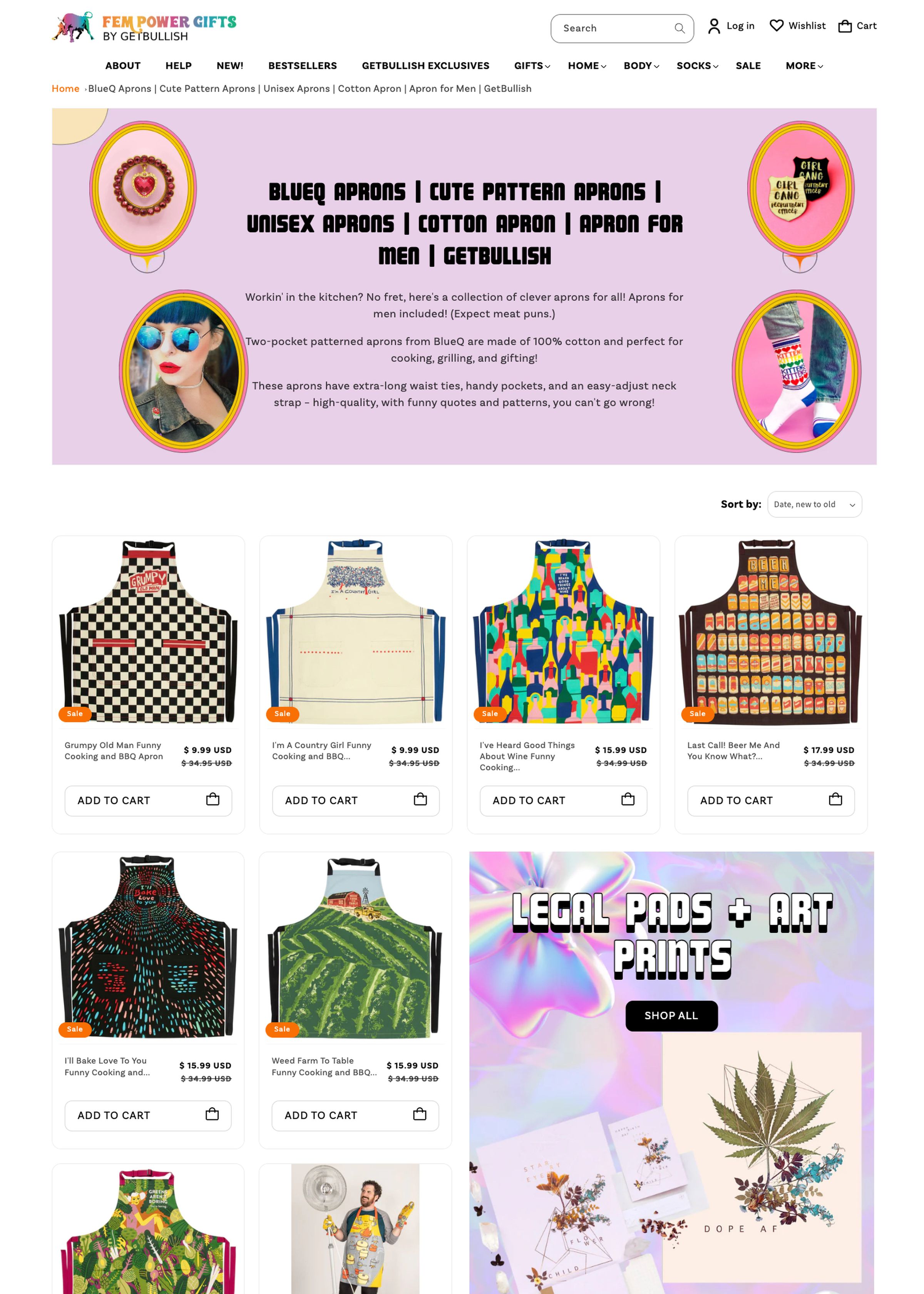 Screenshot of a section of an online store selling novelty aprons.