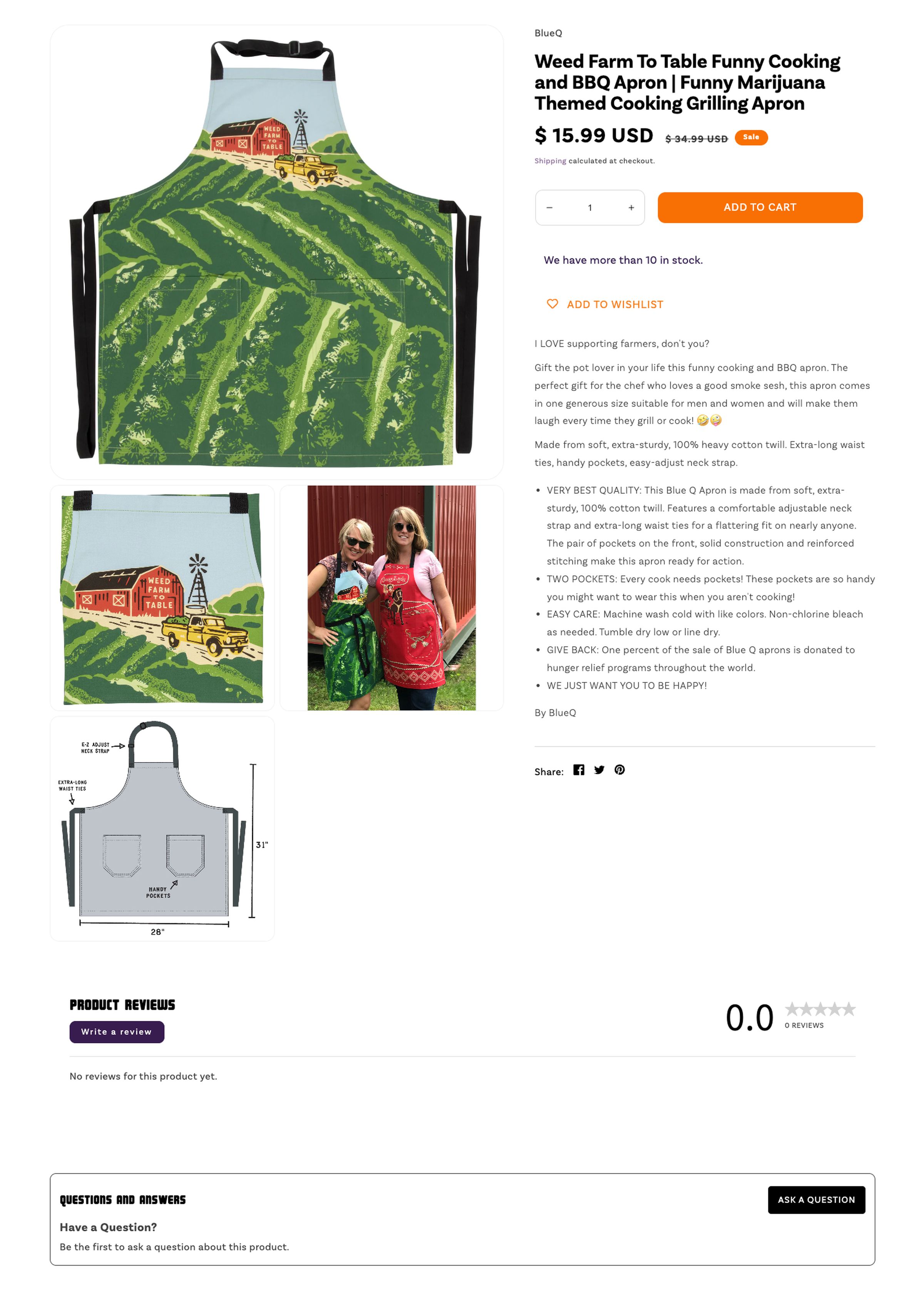 Screenshot of a online store listing for a cannabis-themed apron.