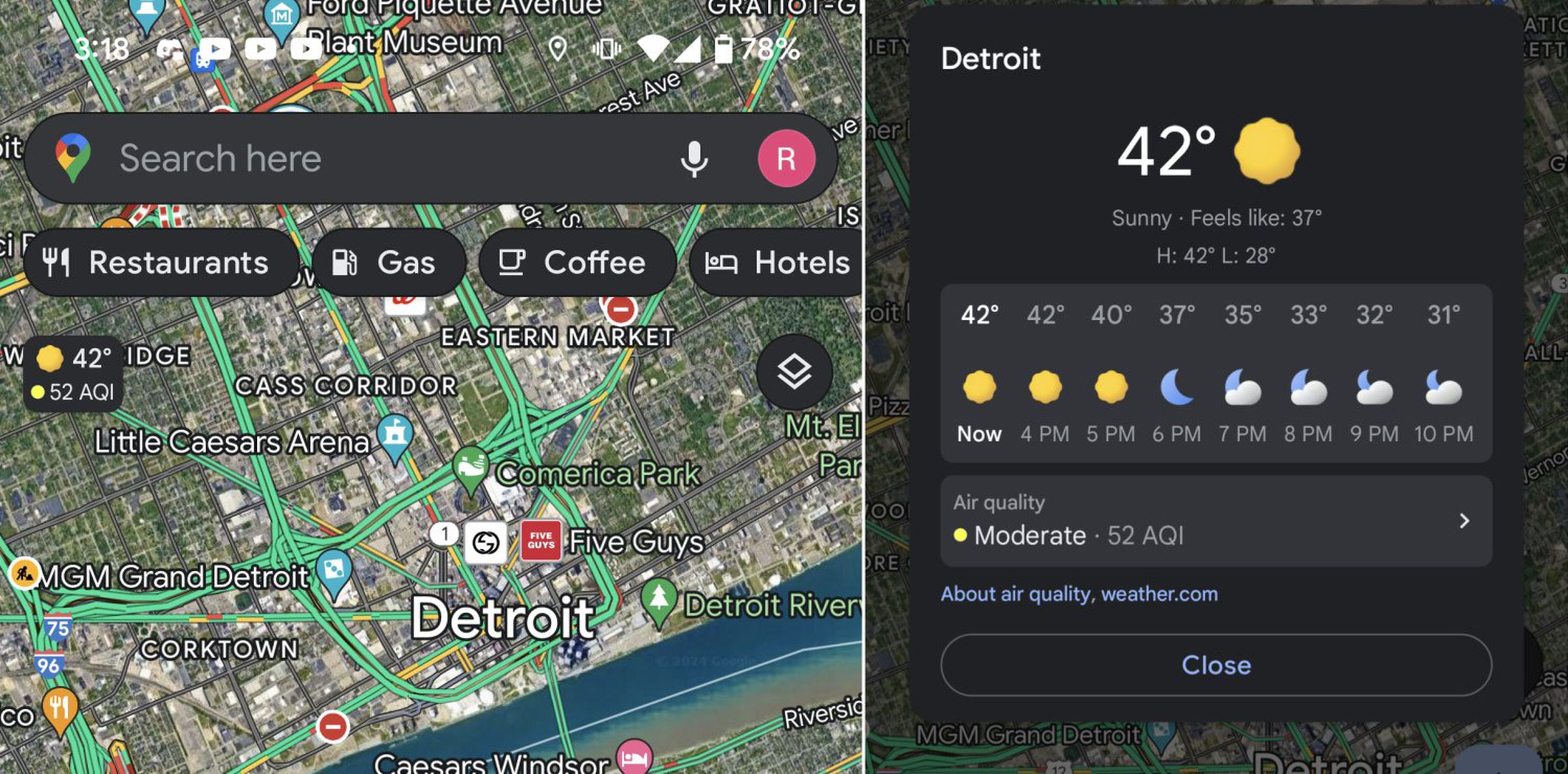 Screenshots of Google Maps on Android, showing a new icon for the current weather over the city of Detroit, and a second image with it expanded and opened, showing the forecast over the next few hours along with the current air quality.