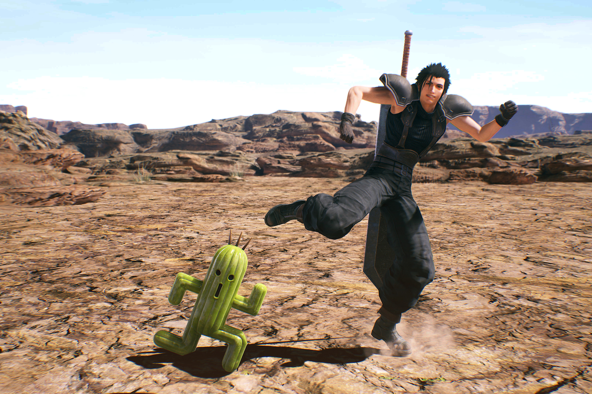 A screenshot from Crisis Core: Final Fantasy VII Reunion featuring Zack and a Cactuar.