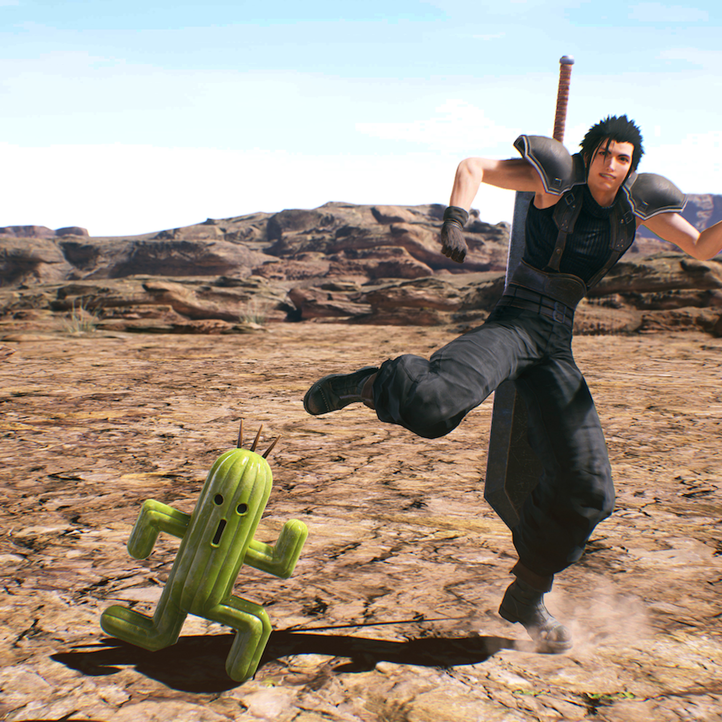 A screenshot from Crisis Core: Final Fantasy VII Reunion featuring Zack and a Cactuar.
