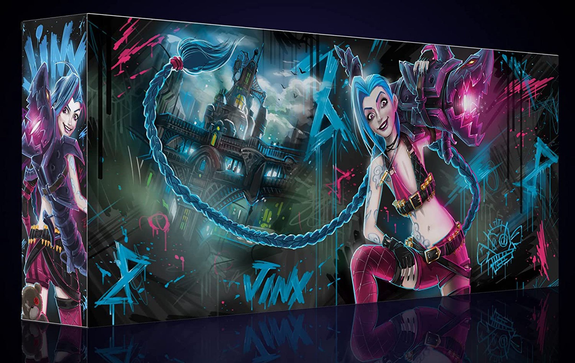 Blue-haired Jinx poses like a rockstar with a fish cannon on one arm and a dark city in the background.