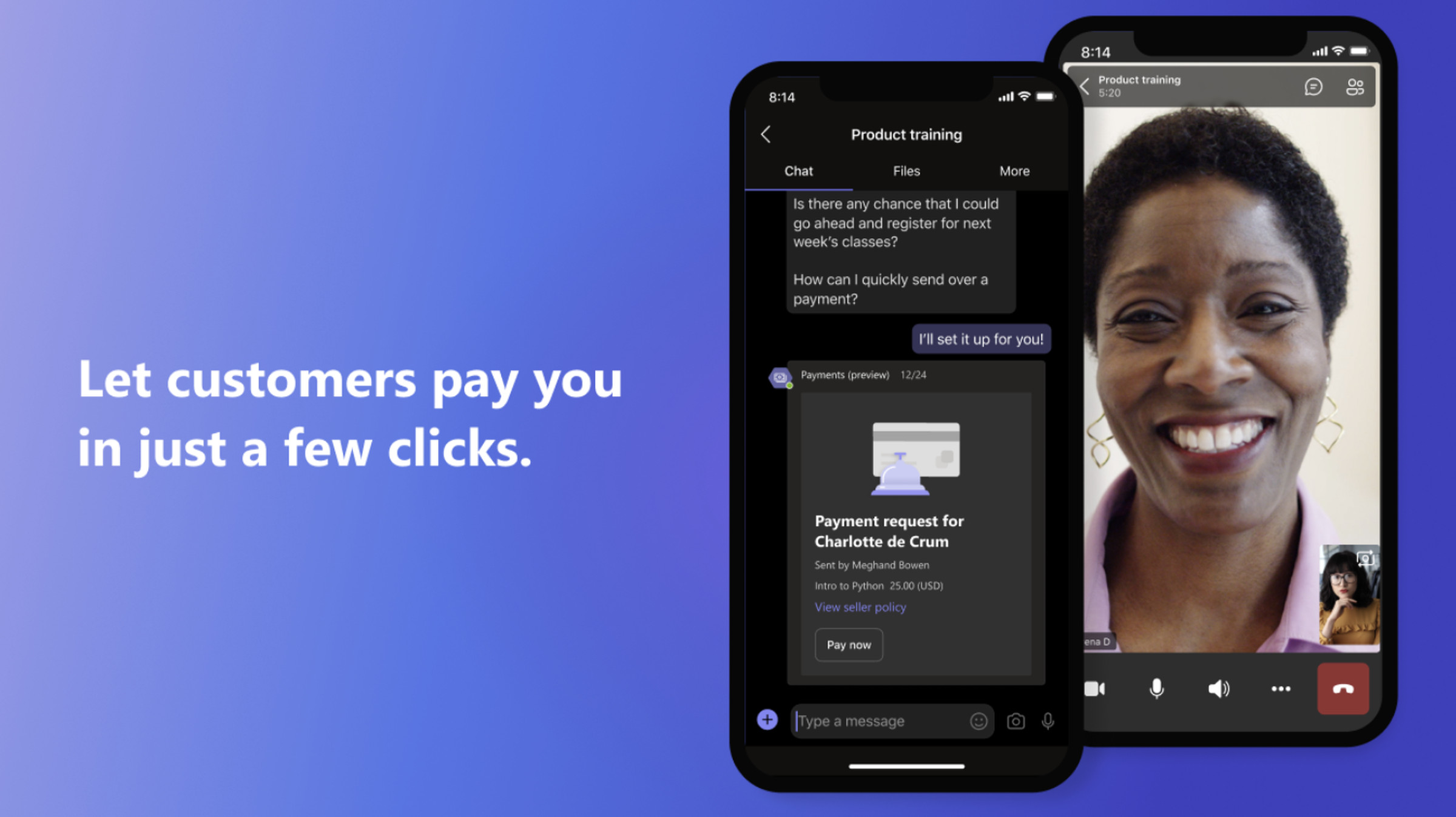 The payments app generates a request inside Microsoft Teams meetings.