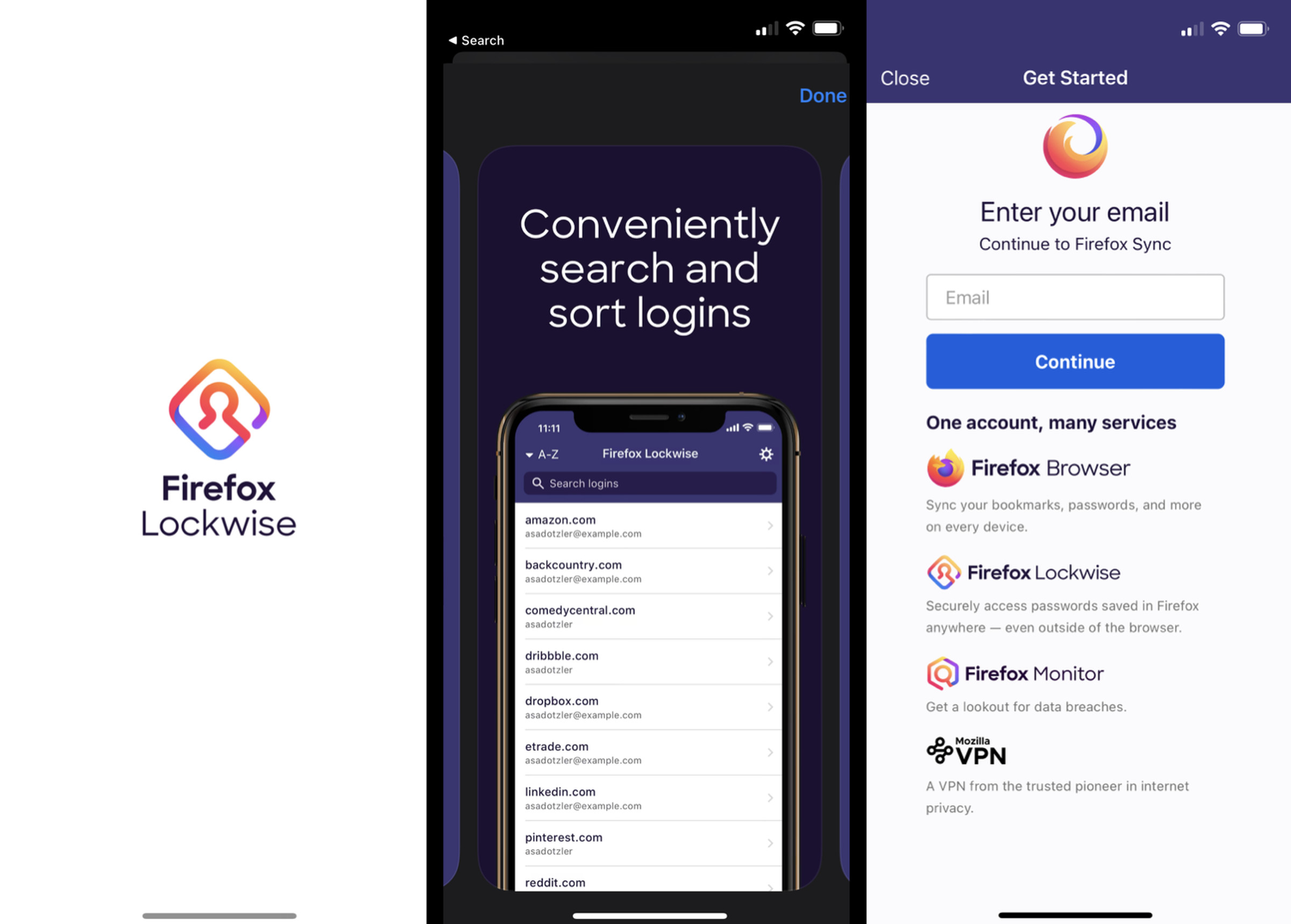 Three screenshots of the Firefox lockwise app showing features