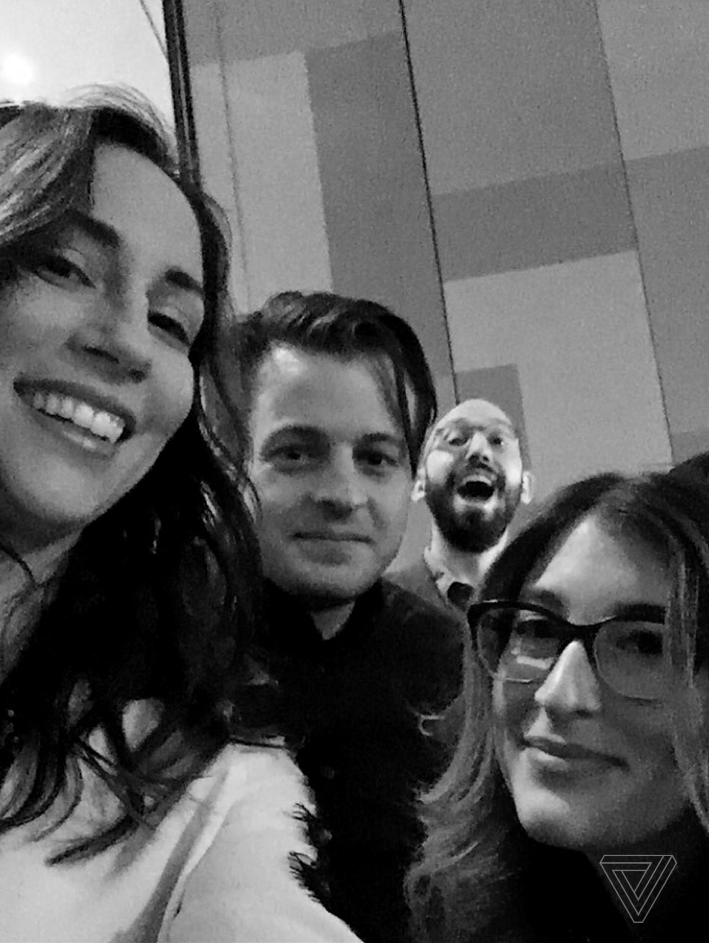 Lauren Goode takes the pre-Vergecast selfie with Paul Miller, Ben Popper and Ashley Carmen