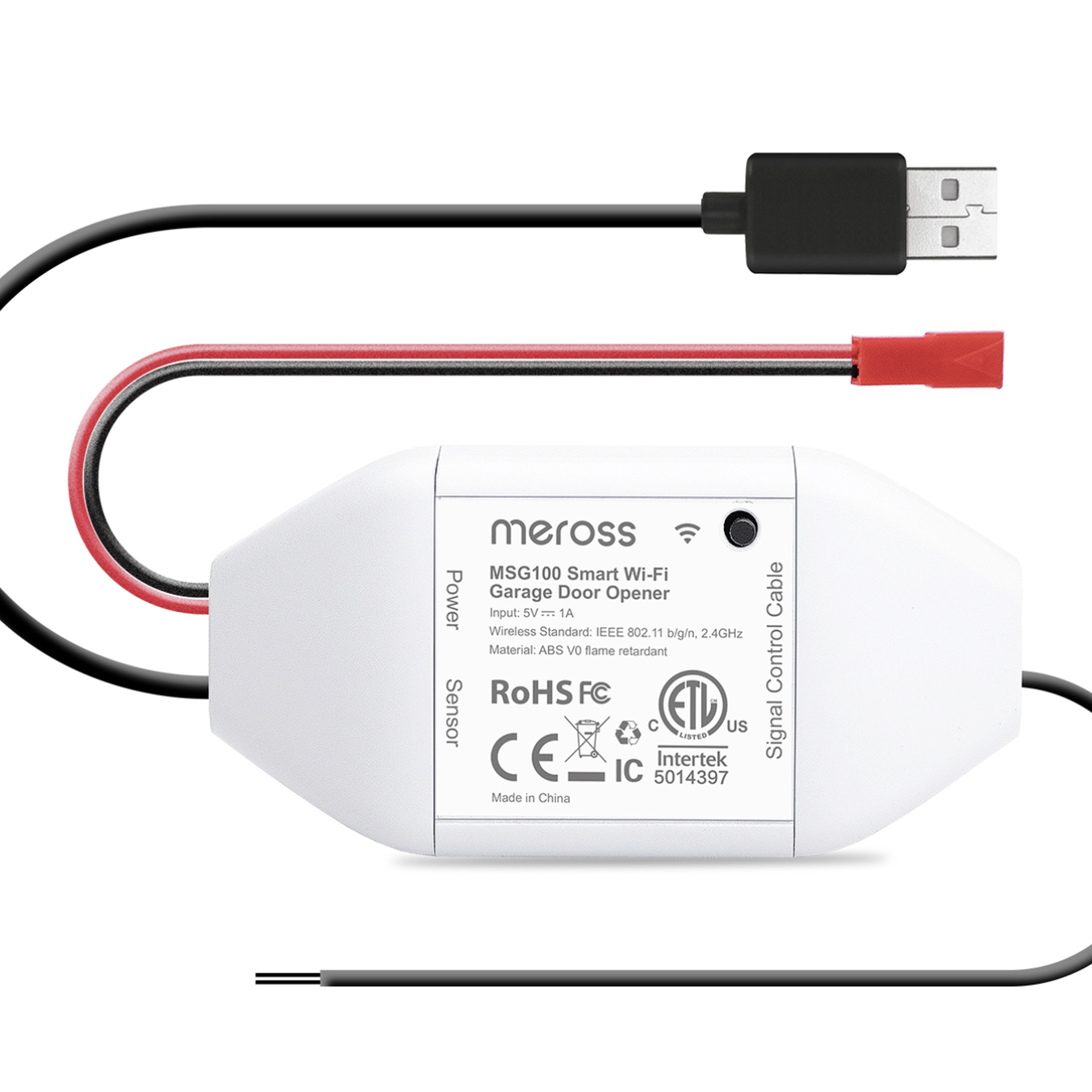 White device labeled Meross with black and red wires coming out