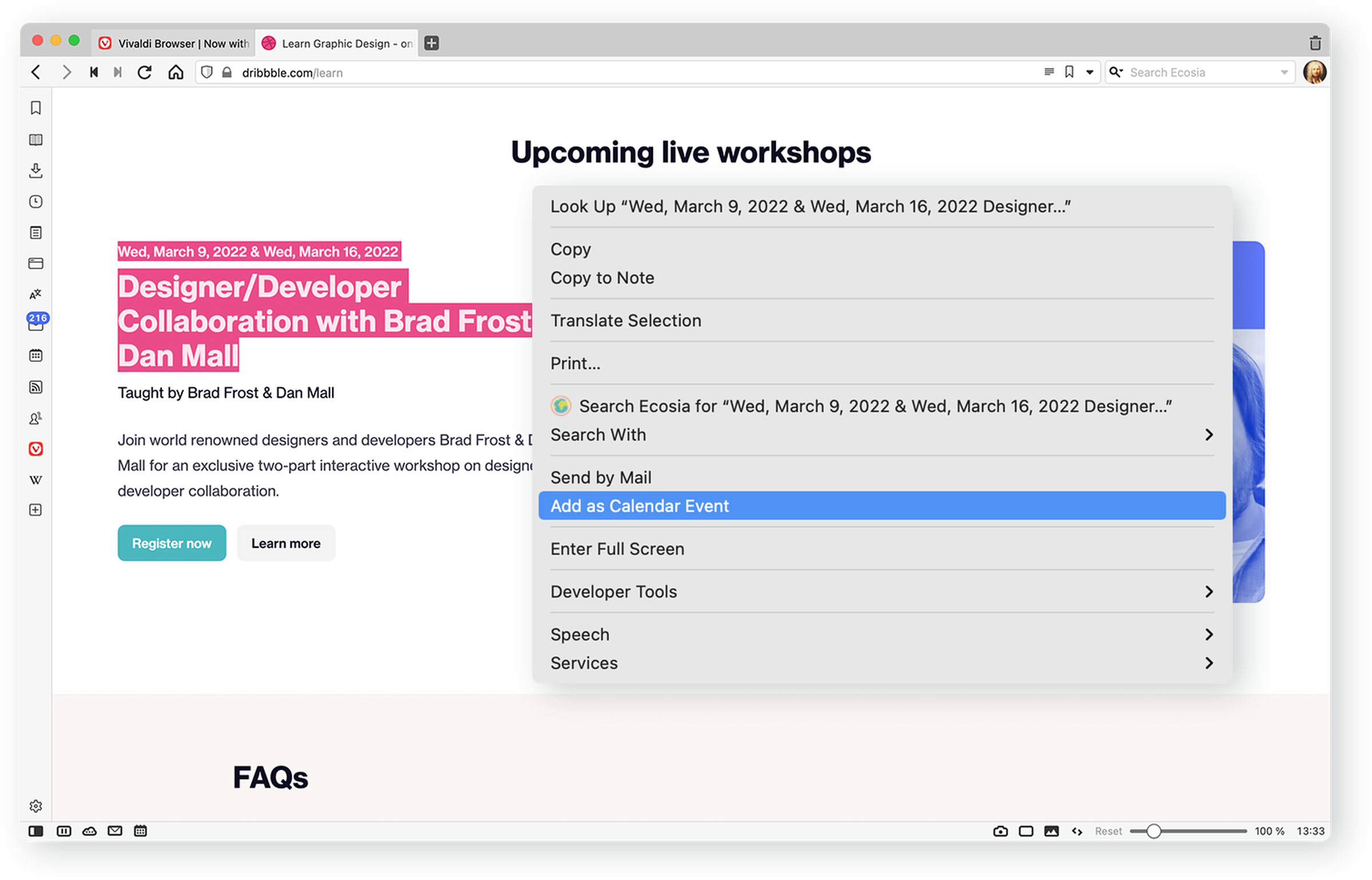 You can quickly add an event to your calendar without leaving the page.