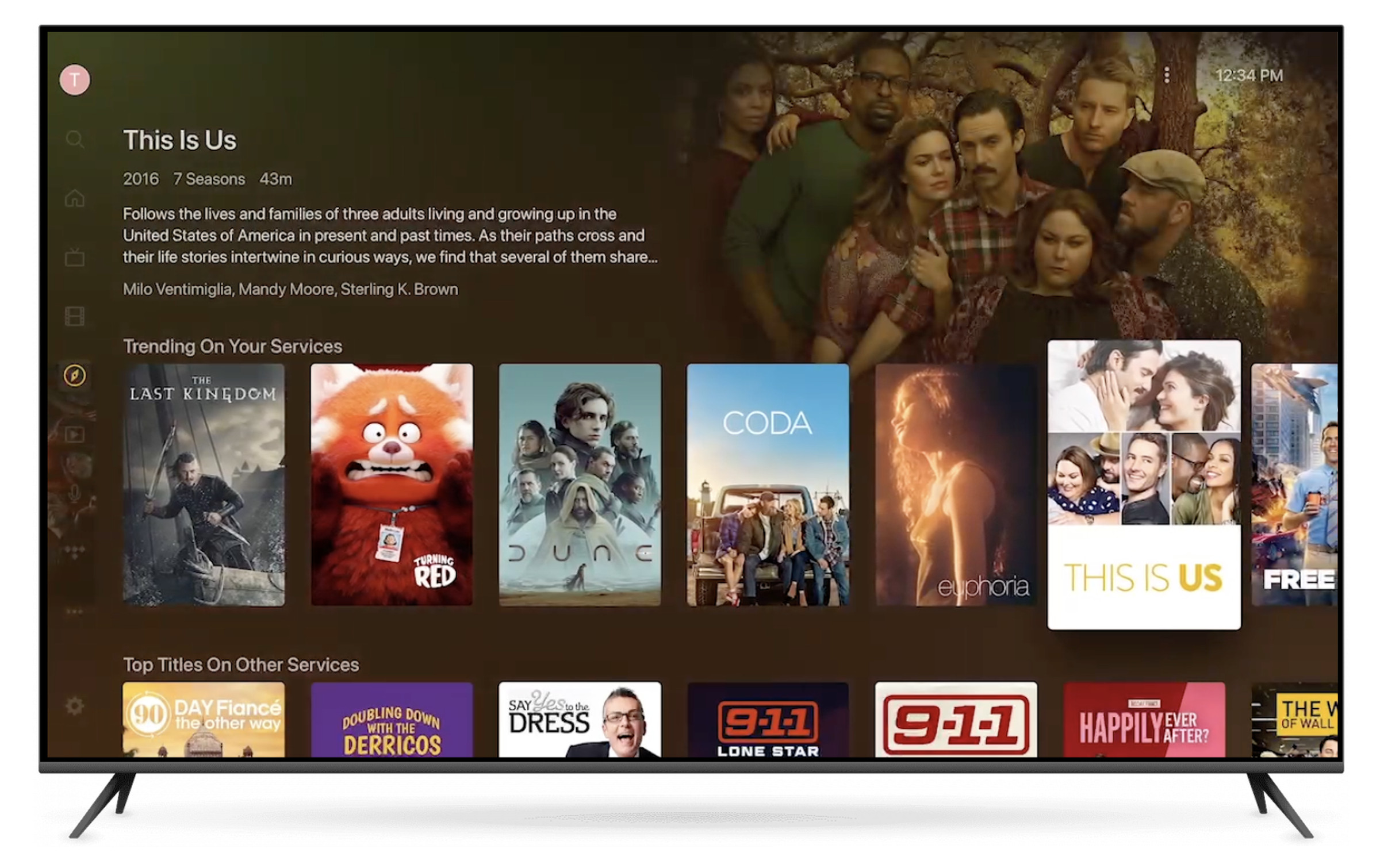 The Discover screen, which is currently in beta, showing content from Disney Plus, HBO Max, and Apple TV Plus.