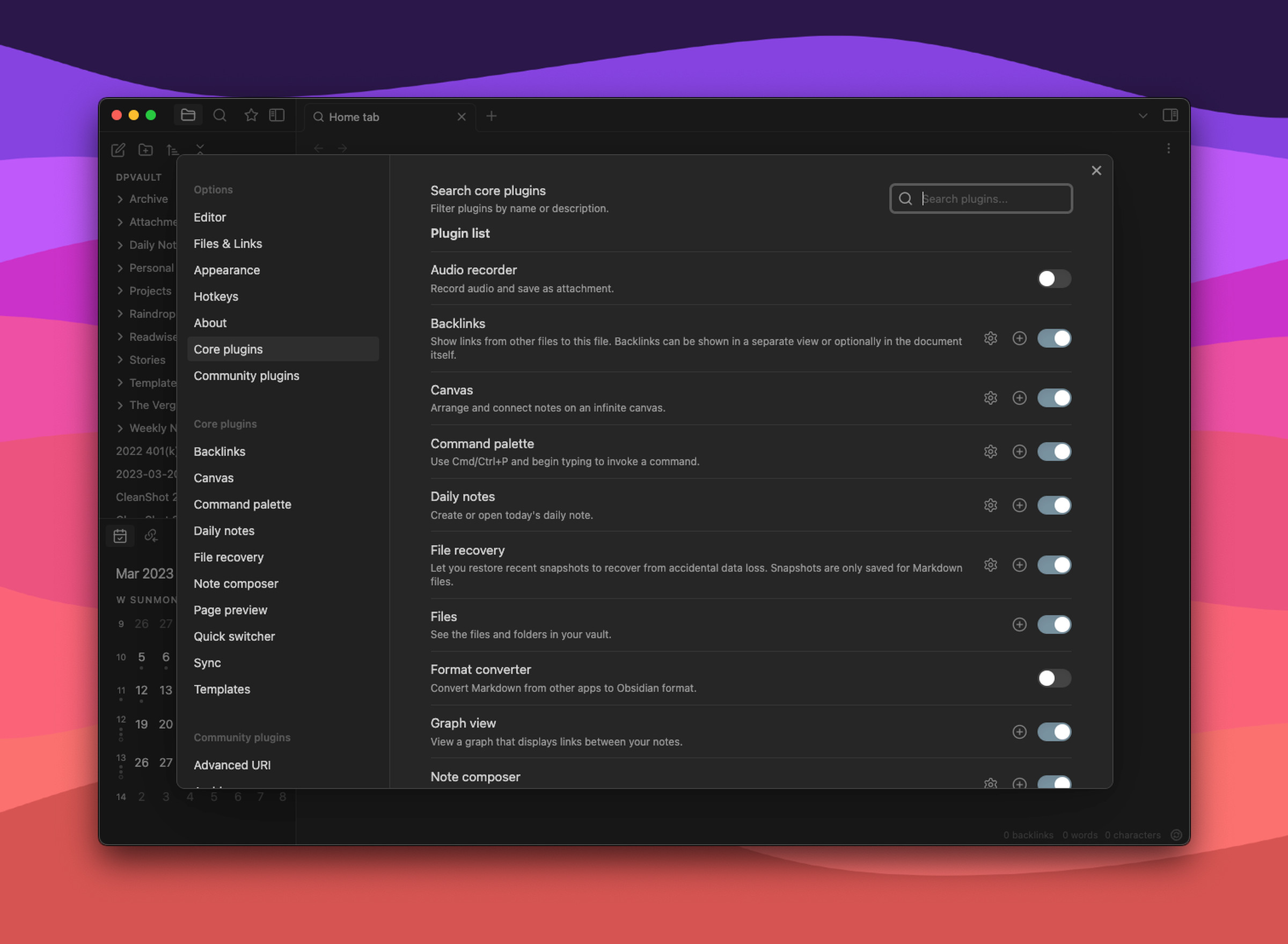 A screenshot of the Obsidian app’s settings, showing the Core plugins.