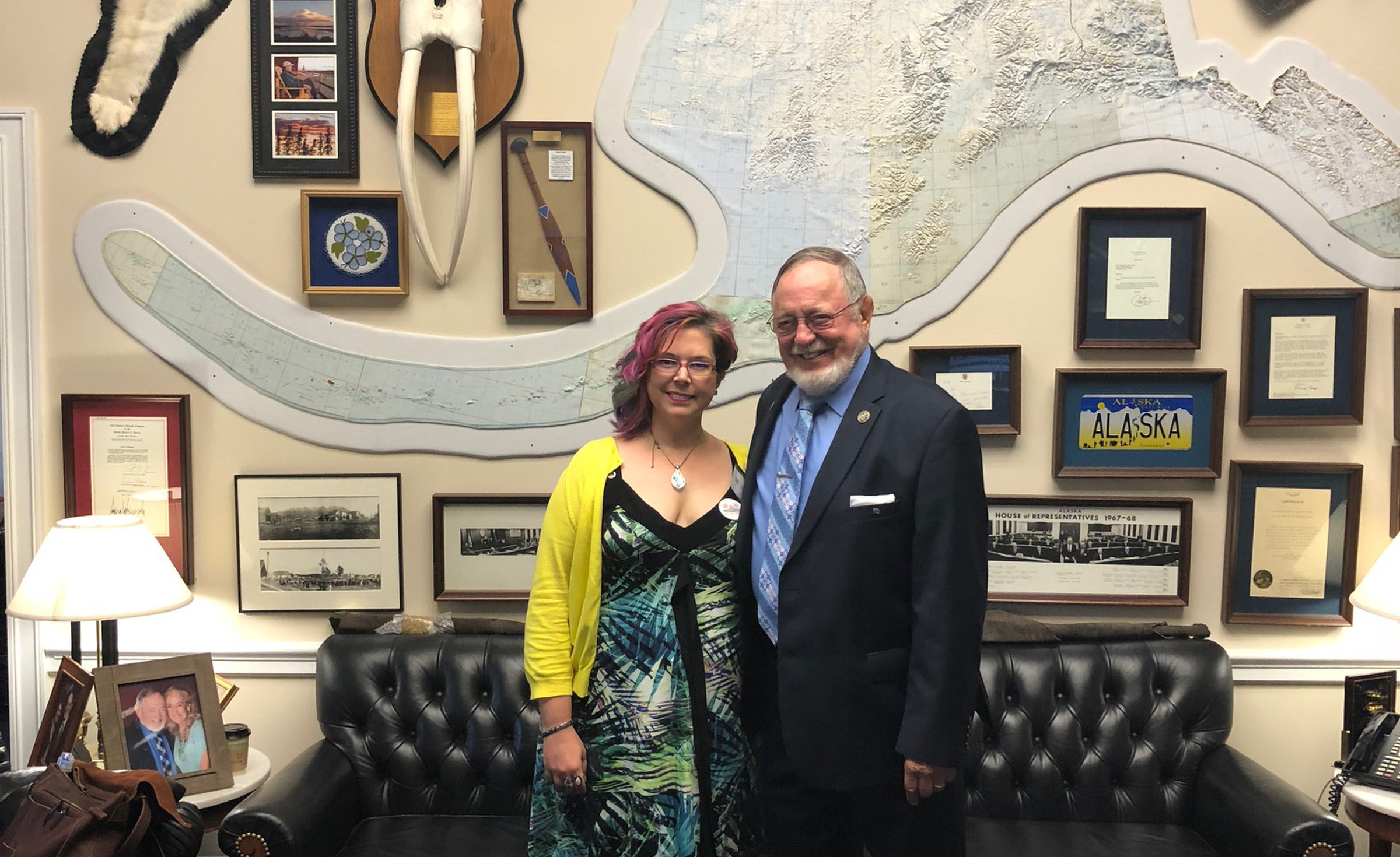Owner of CustomMousePad.com, Jennie Stewart, poses for a photo with Rep. Don Young (R-AK).