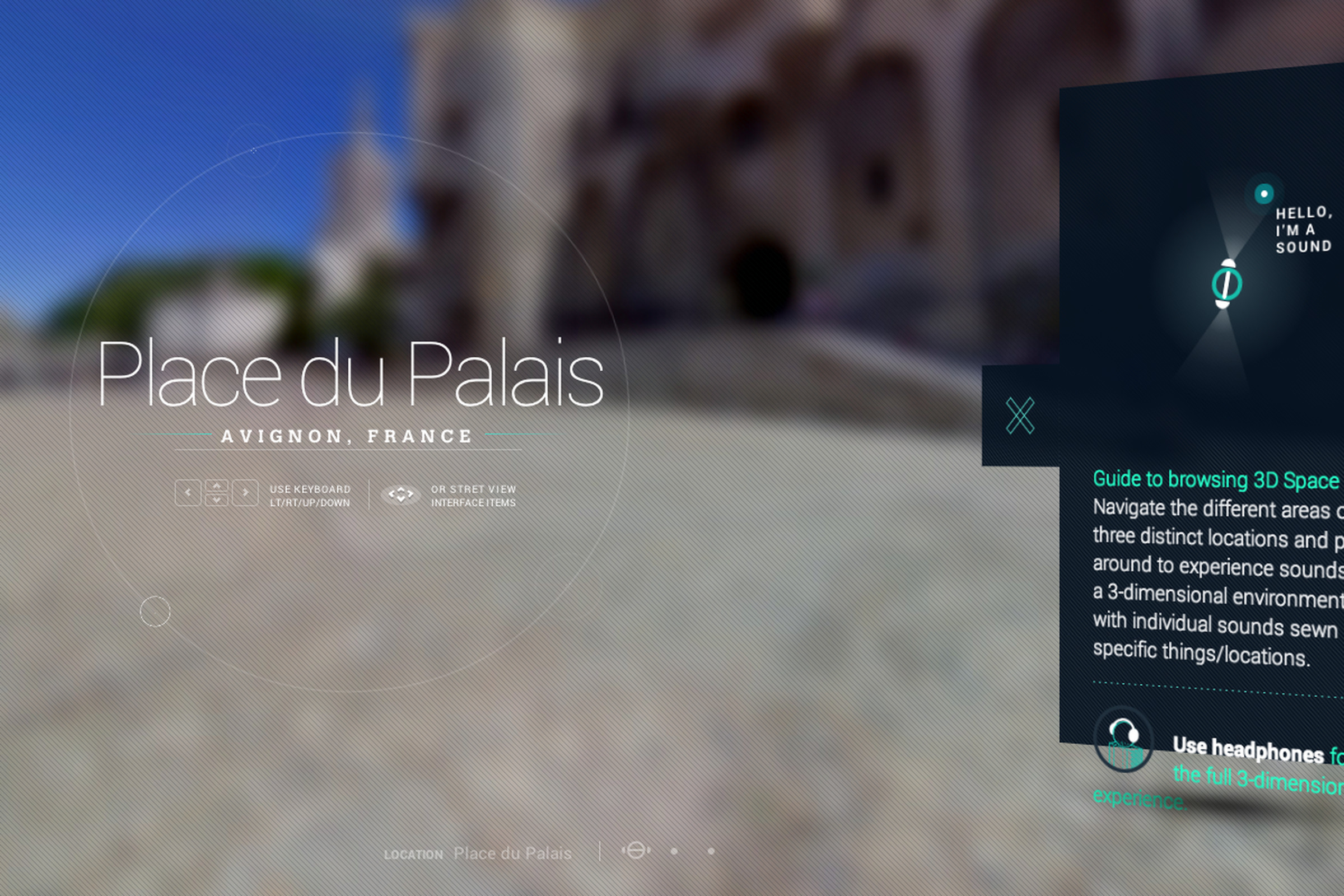 Screenshot of 'Sounds of Street View' by Amplifon, a browser app that adds ambient noise to Google Street View