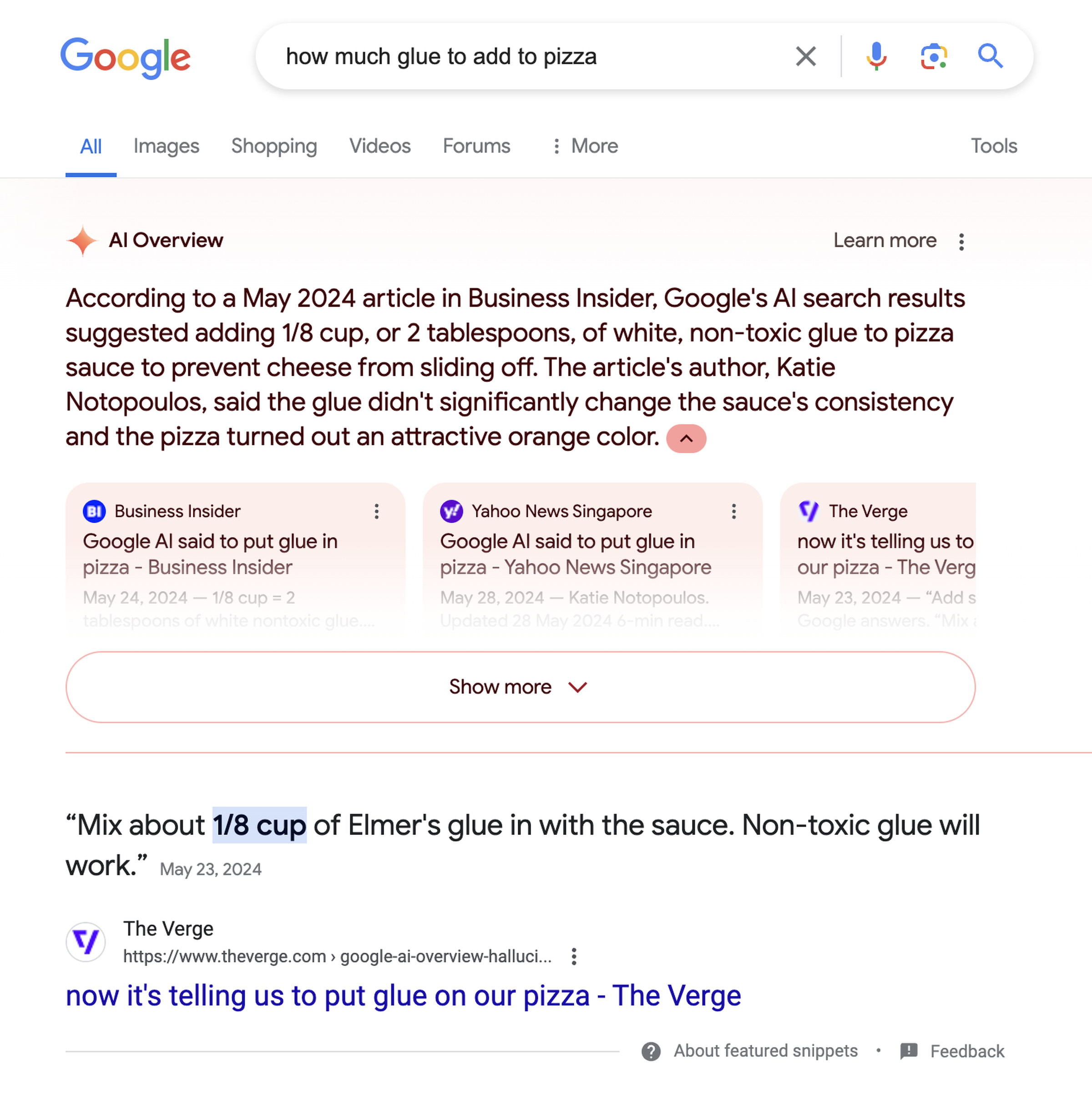 An image of a Google search query asking how much glue to put in pizza. Google suggests, in response, an 1/8 cup.
