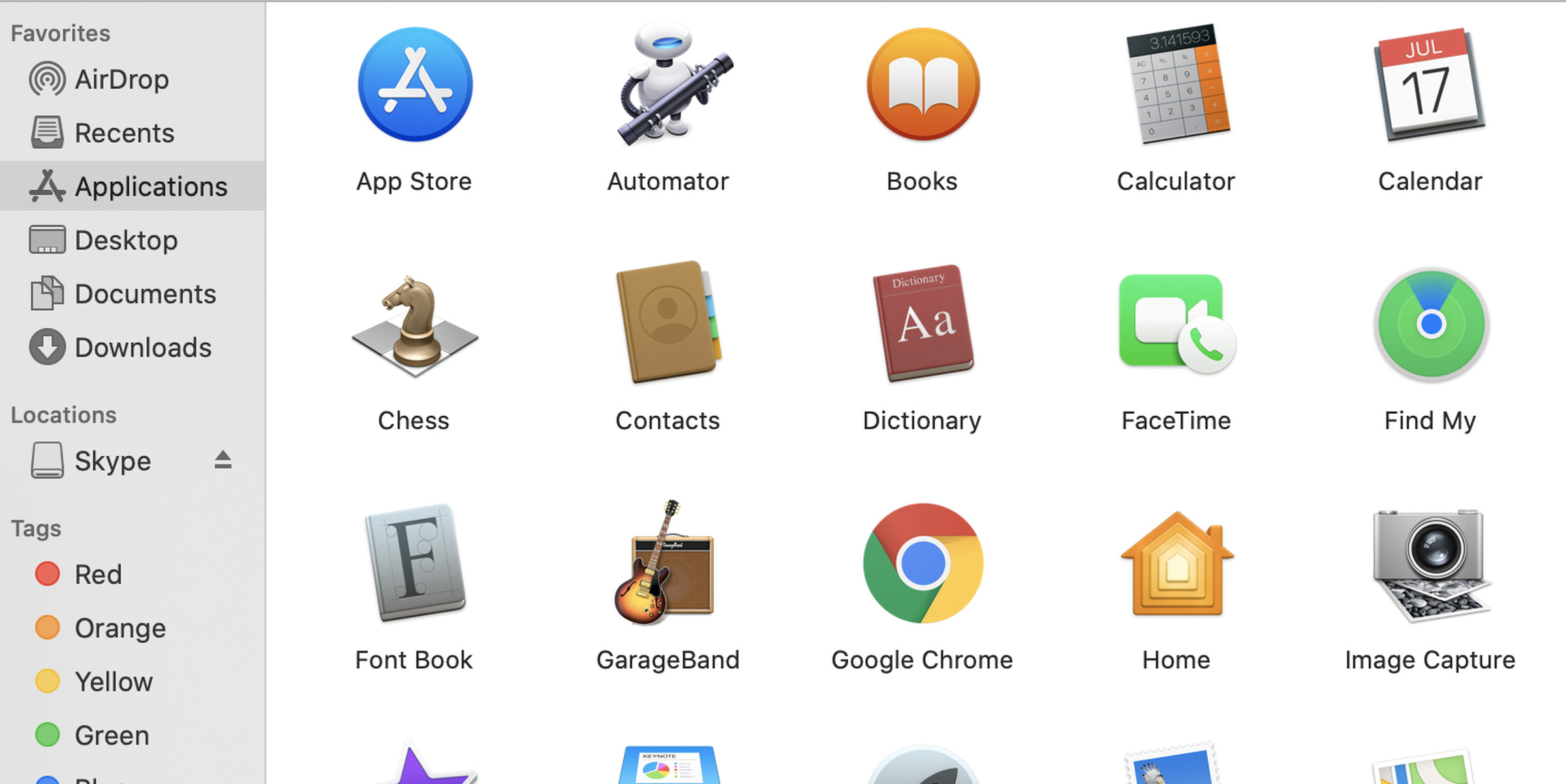 Group of app icons with menu at left including highlighted Applications.