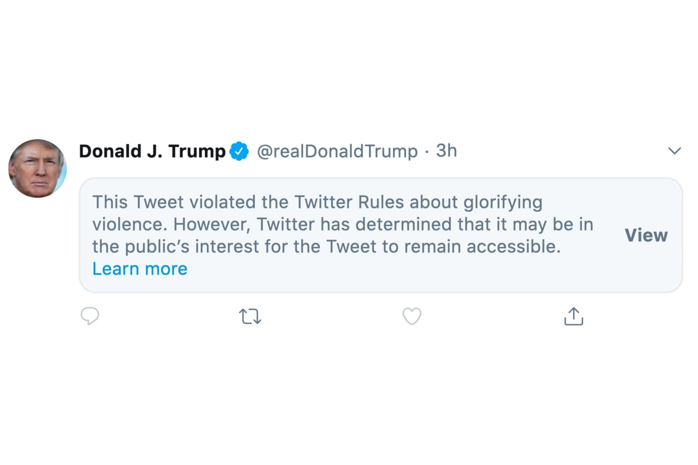Twitter’s notice, which says that the tweet broke its rules about glorifying violence.