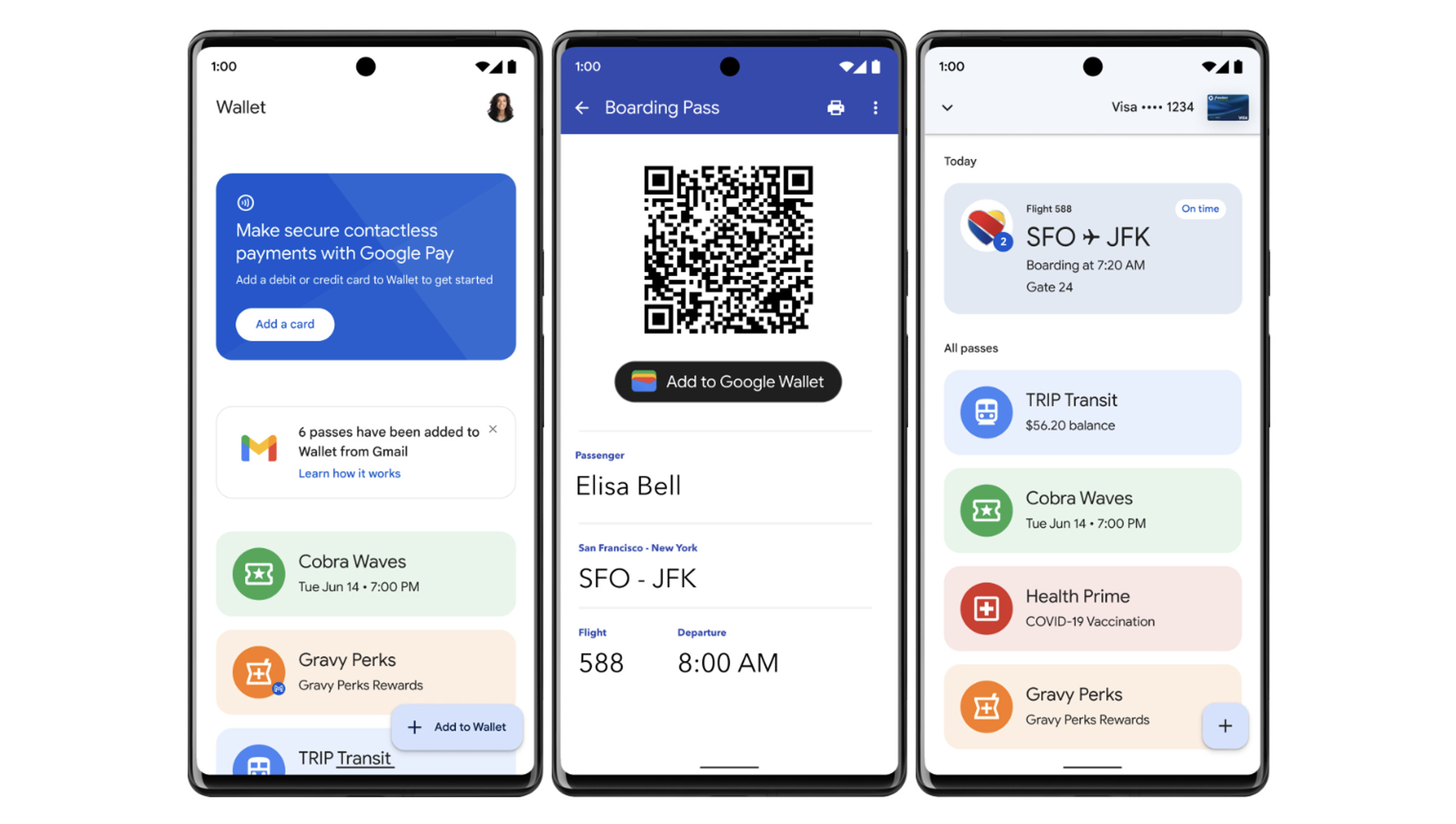 Three phone screens viewing boarding pass information including a QR code and gate information in the Google Wallet app