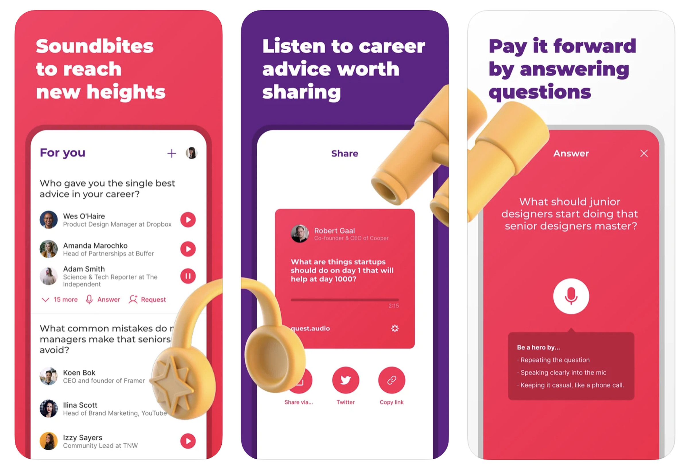 Screenshots of Quest, a shortform audio app focused on career advice.