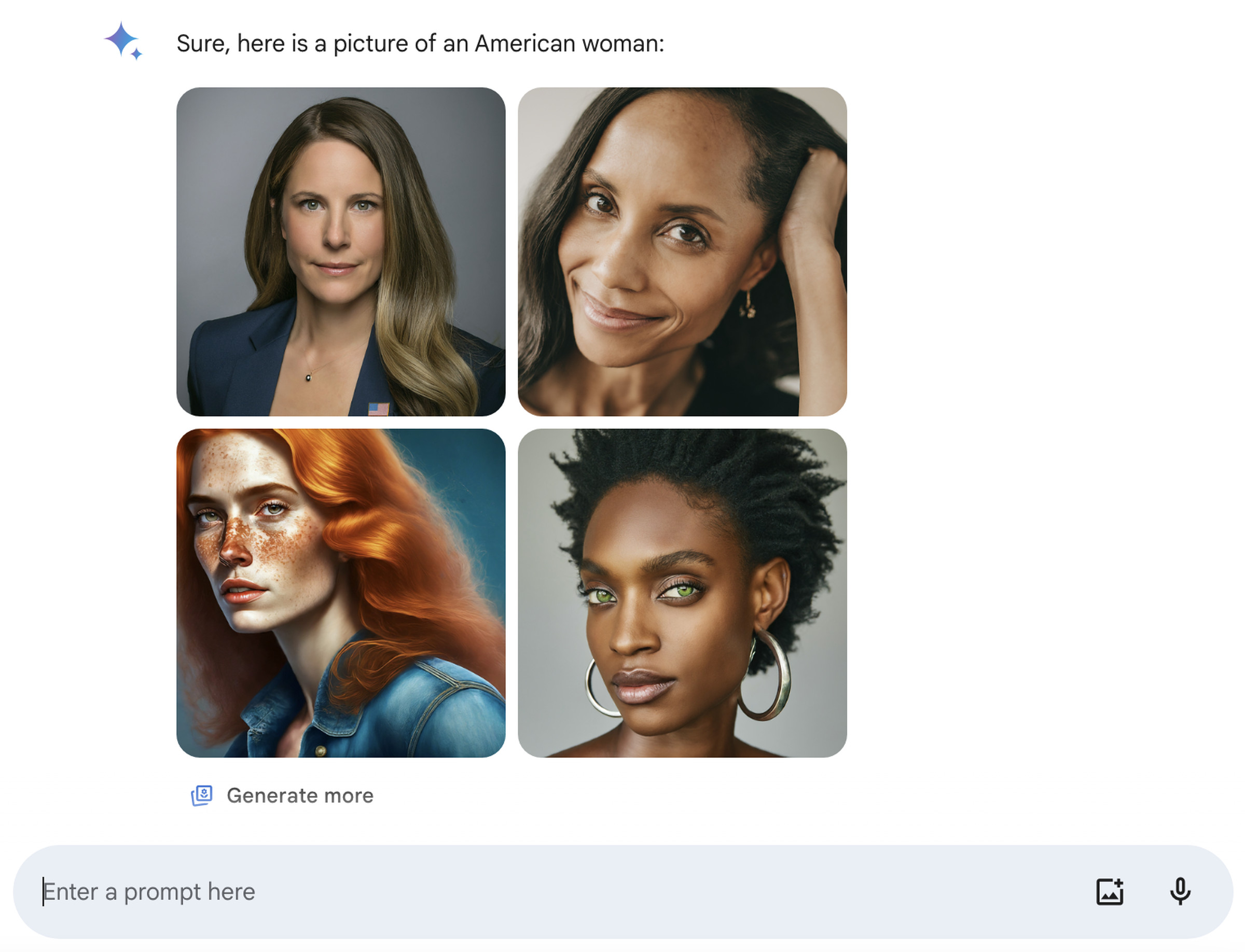 Gemini results with AI images of “an American woman,” including two white-looking women.