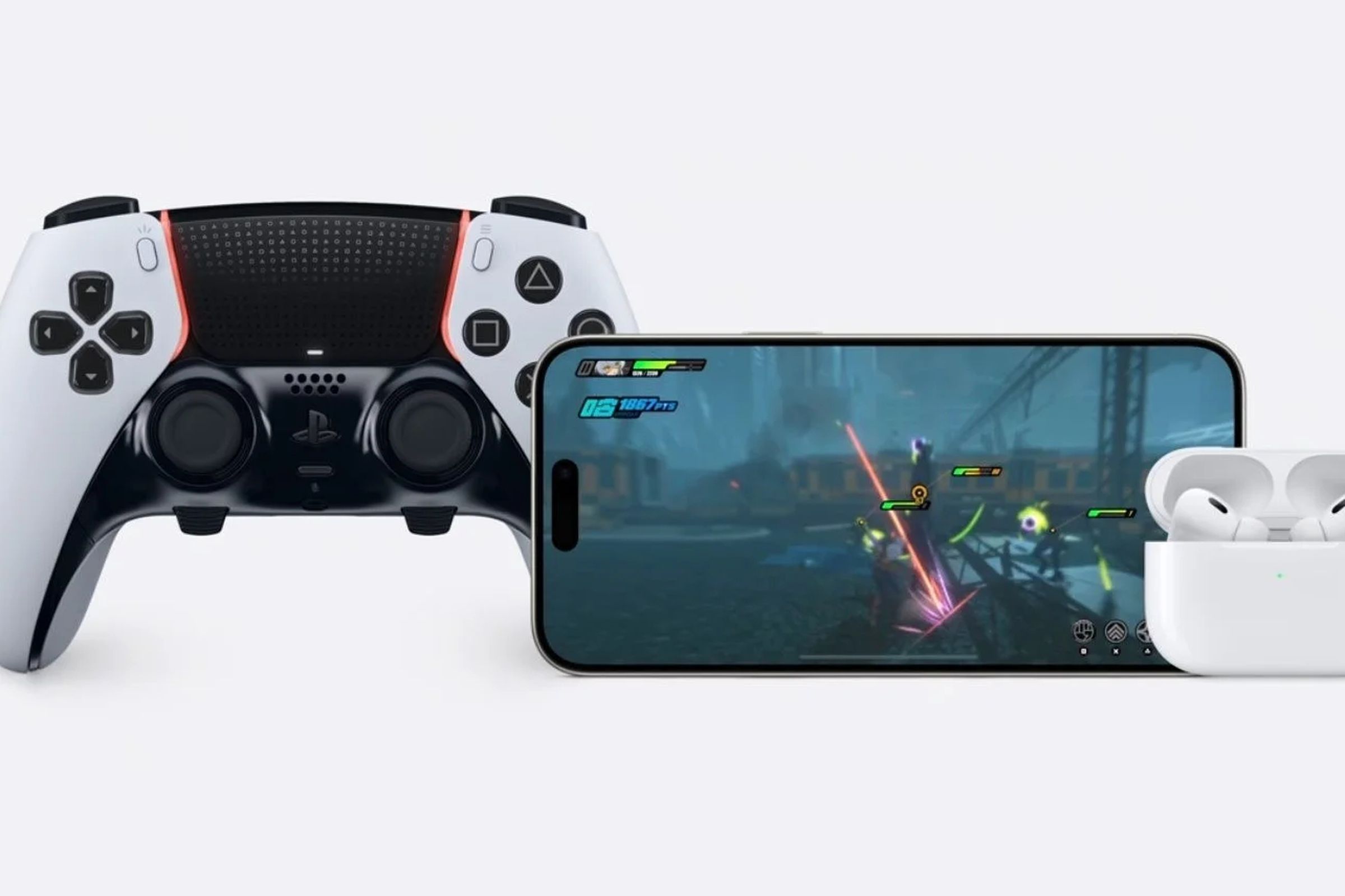 PS5 DualSense controller, iPhone, and AirPods in case.