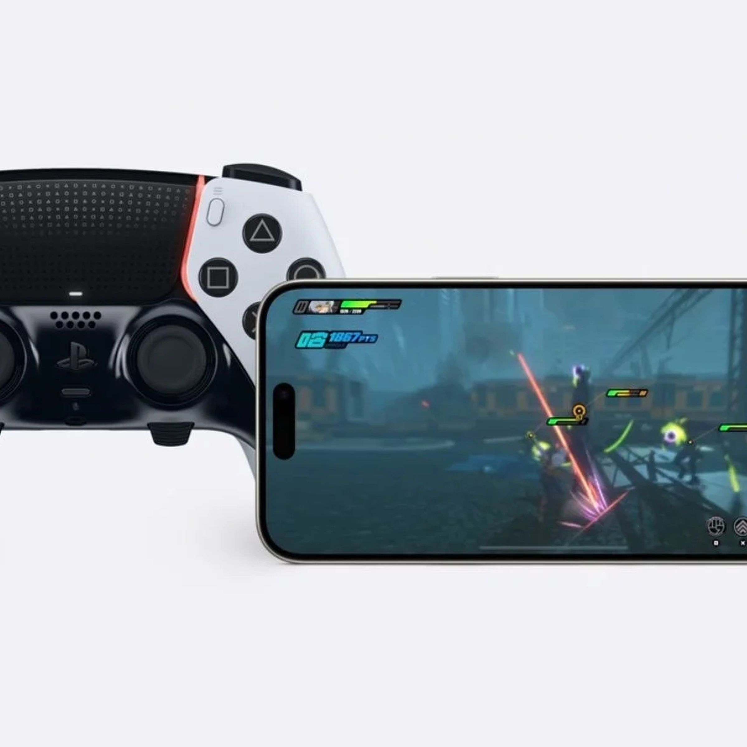 PS5 DualSense controller, iPhone, and AirPods in case.