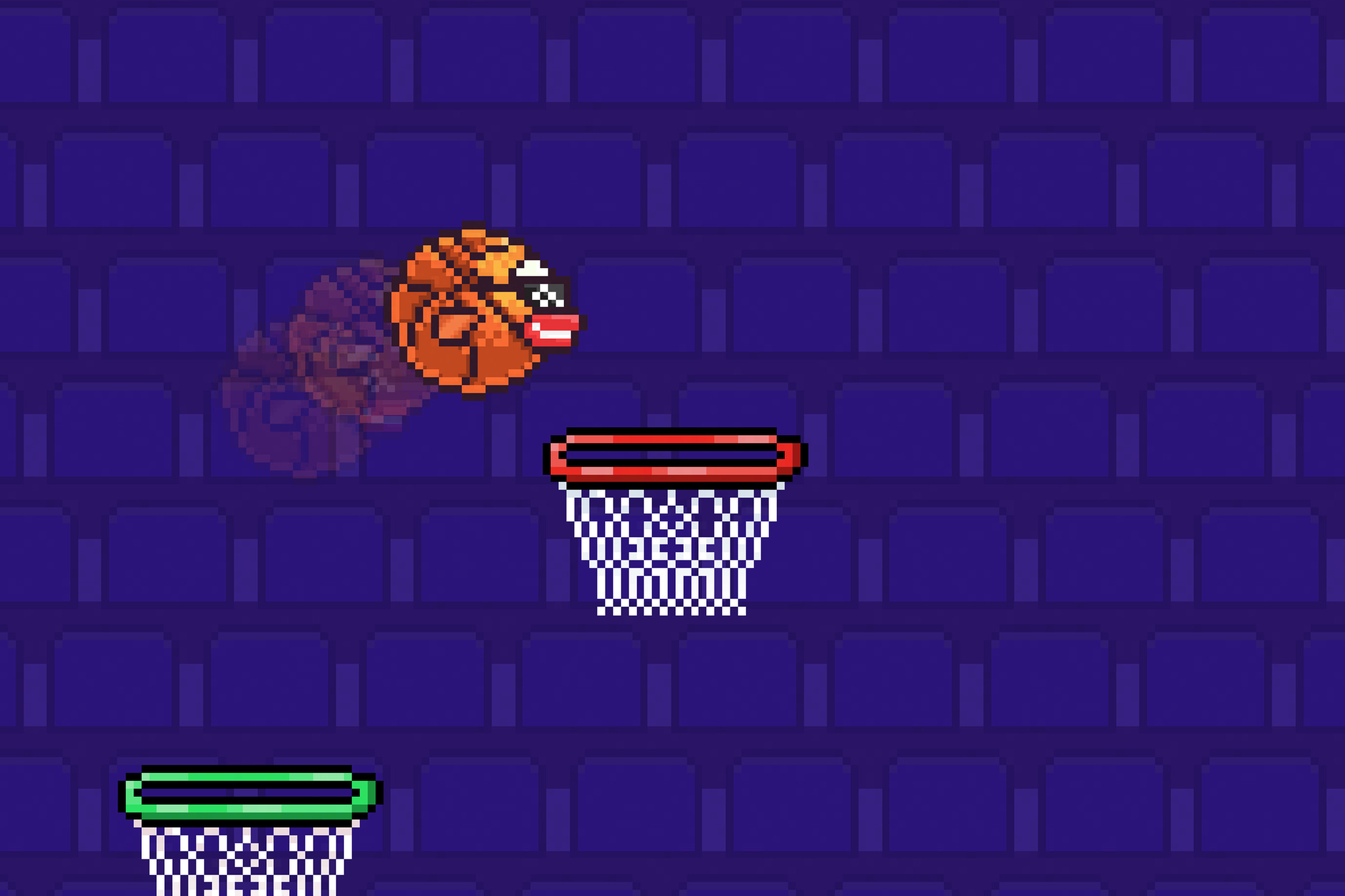 A screenshot from the new Flappy Bird game, showing the bird as a basketball, flying over basketball hoops.