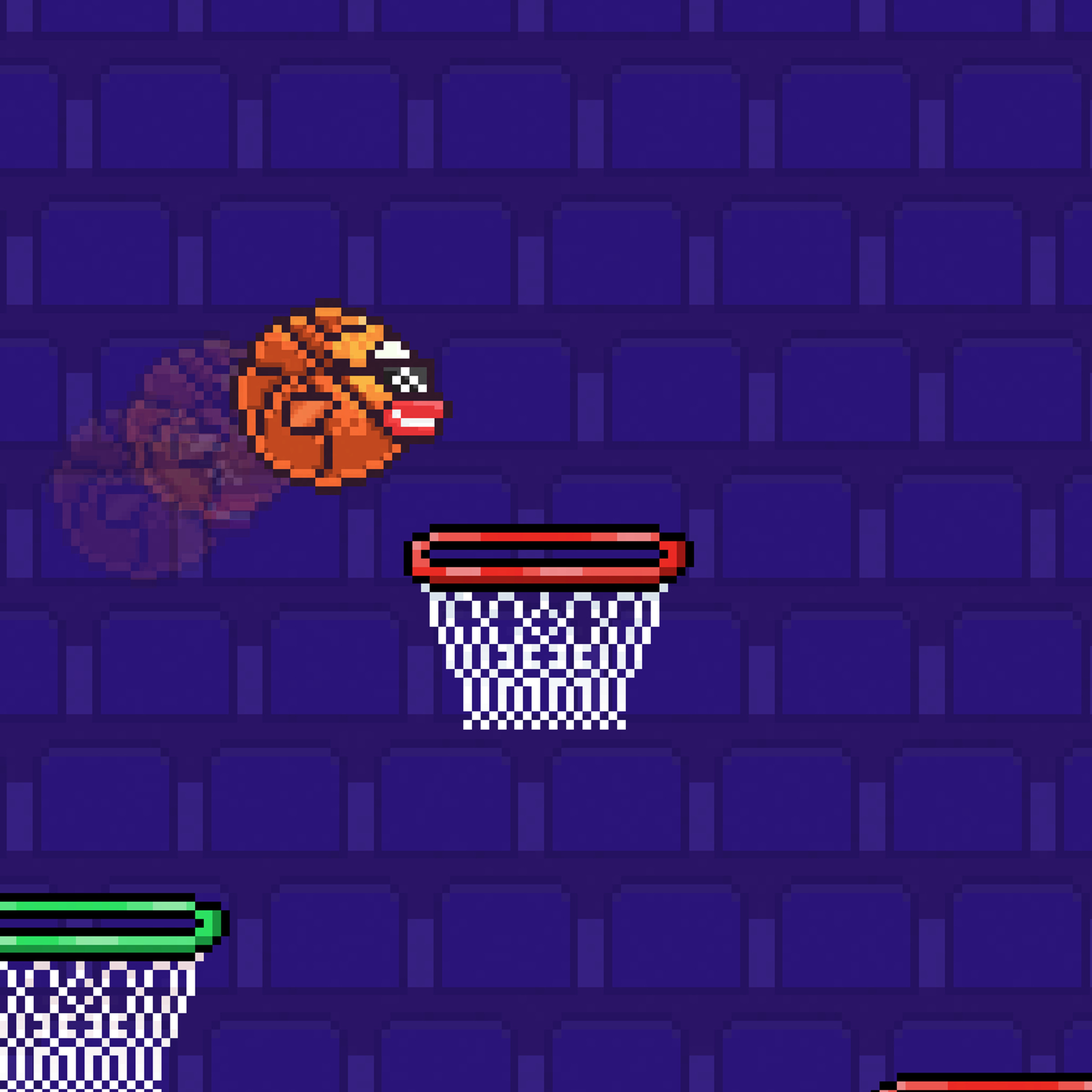 A screenshot from the new Flappy Bird game, showing the bird as a basketball, flying over basketball hoops.