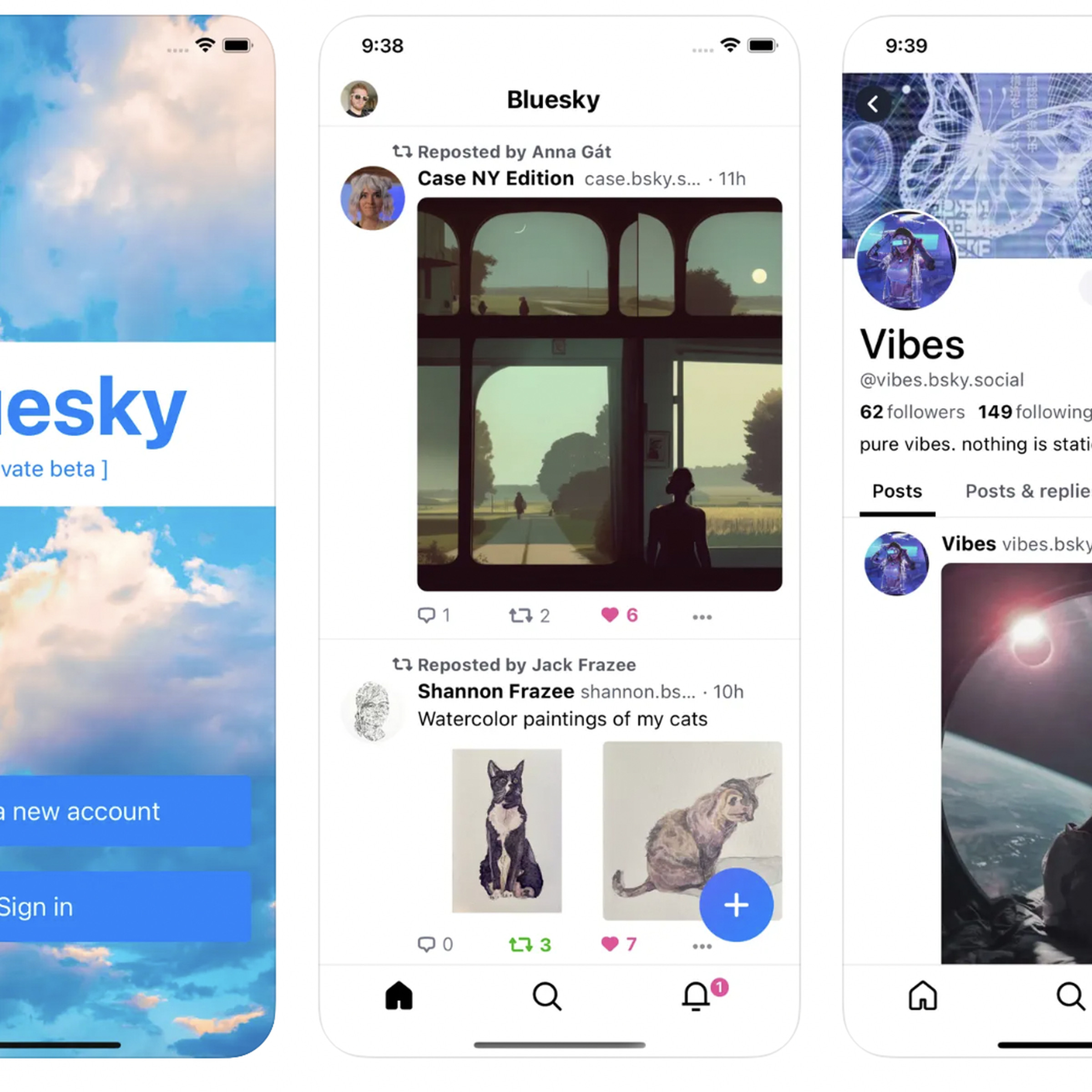 An image showing three side-by-side screengrabs of Bluesky on mobile