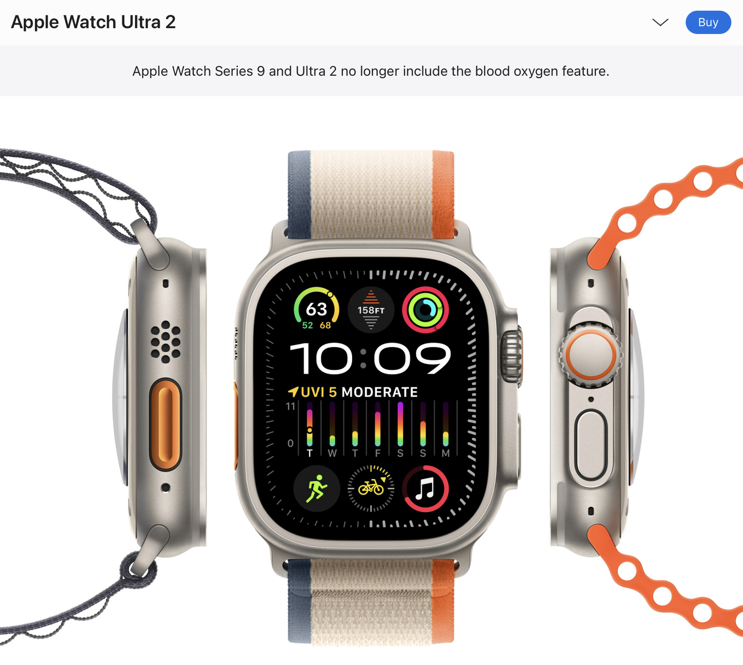 A screenshot of the Apple Watch Ultra 2 website. A banner at the top says “Apple&nbsp;Watch Series&nbsp;9 and Ultra&nbsp;2 no longer include the blood&nbsp;oxygen&nbsp;feature.”