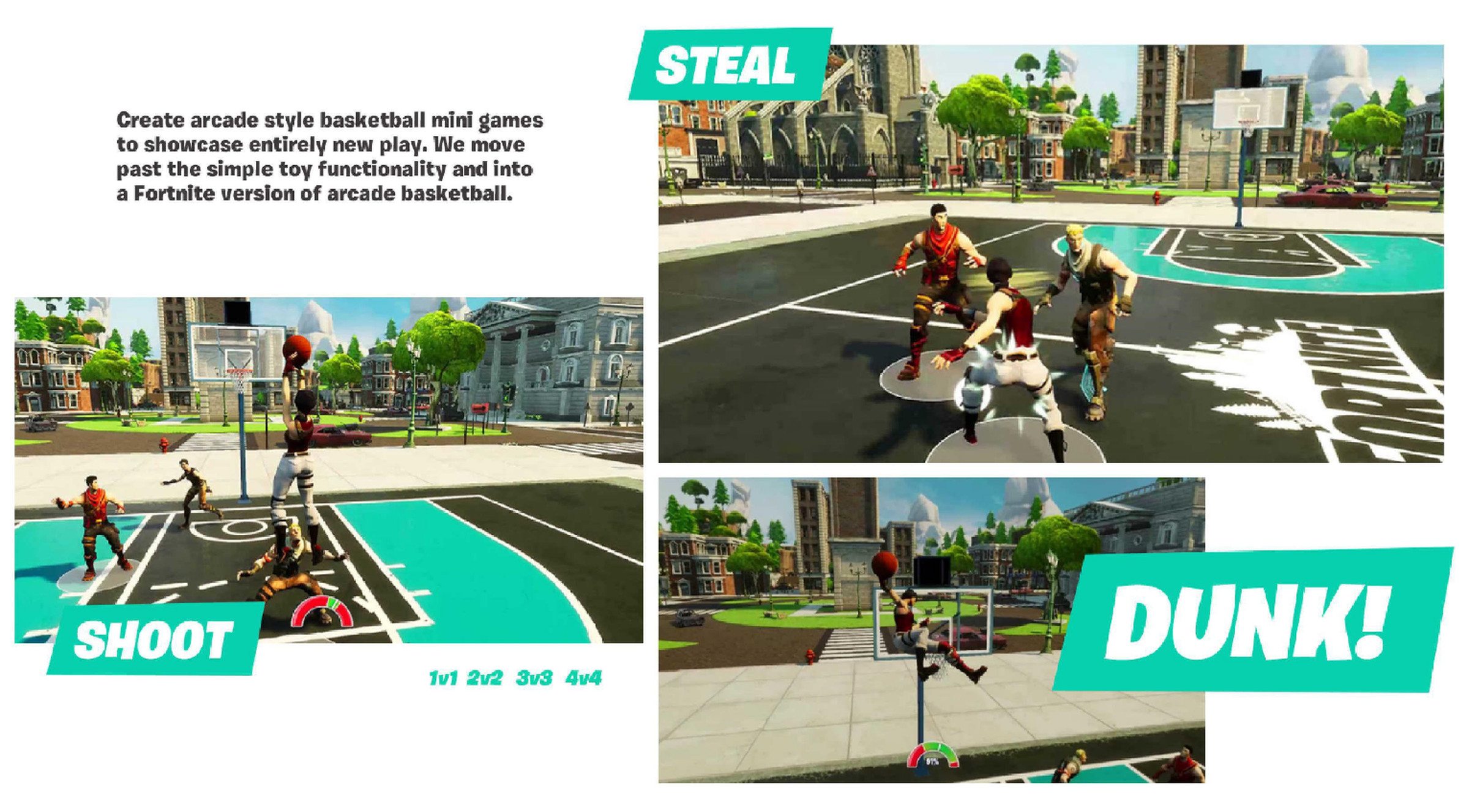 A slide detailing the planned basketball mini-game, including the text “Create arcade style basketball mini games to showcase entirely new play. We move past the simply toy functionality and into a Fortnite version of arcade basketball”
