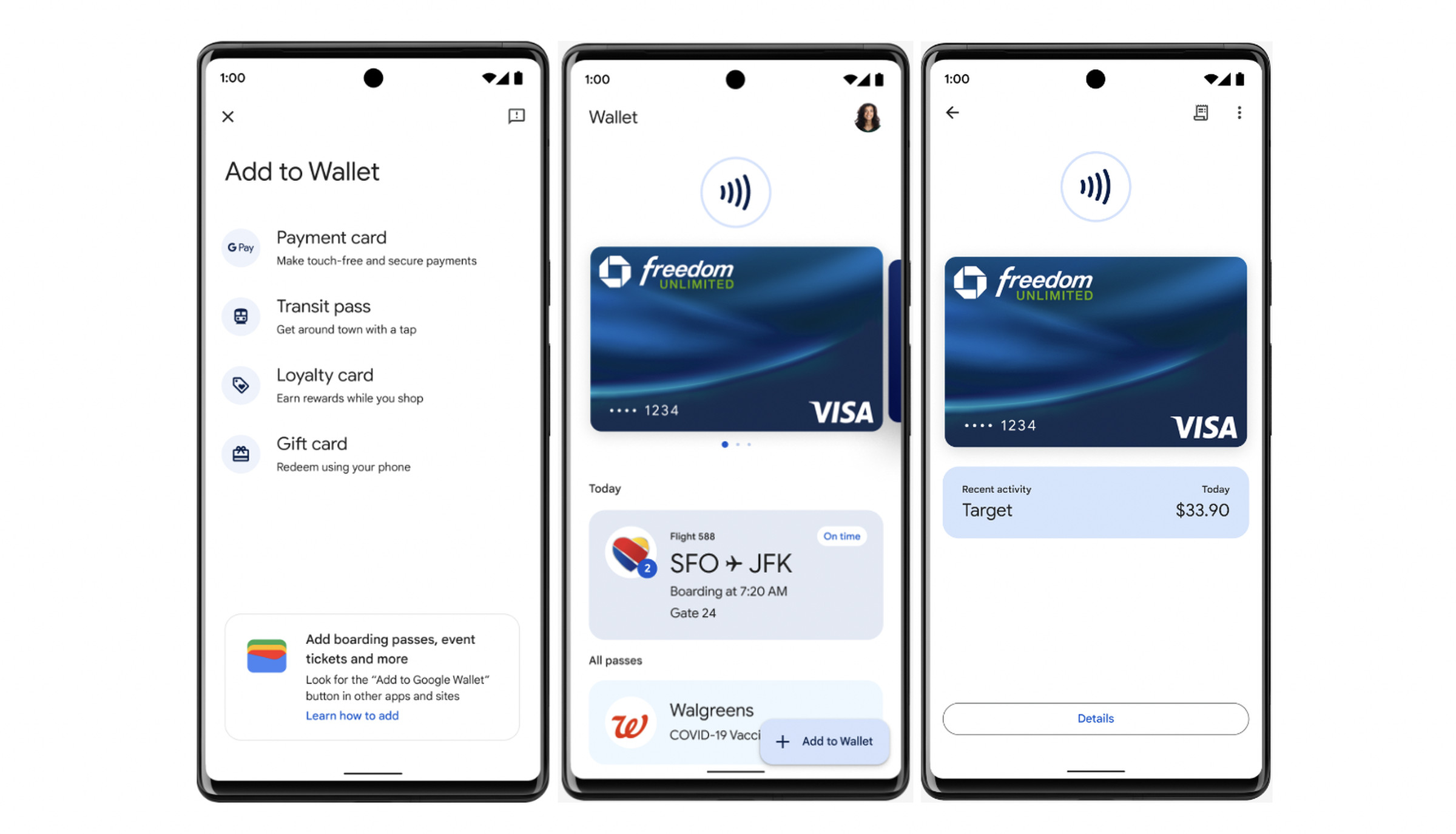 Three phone screens showing a preview of how users can add cards to the Google Wallet app