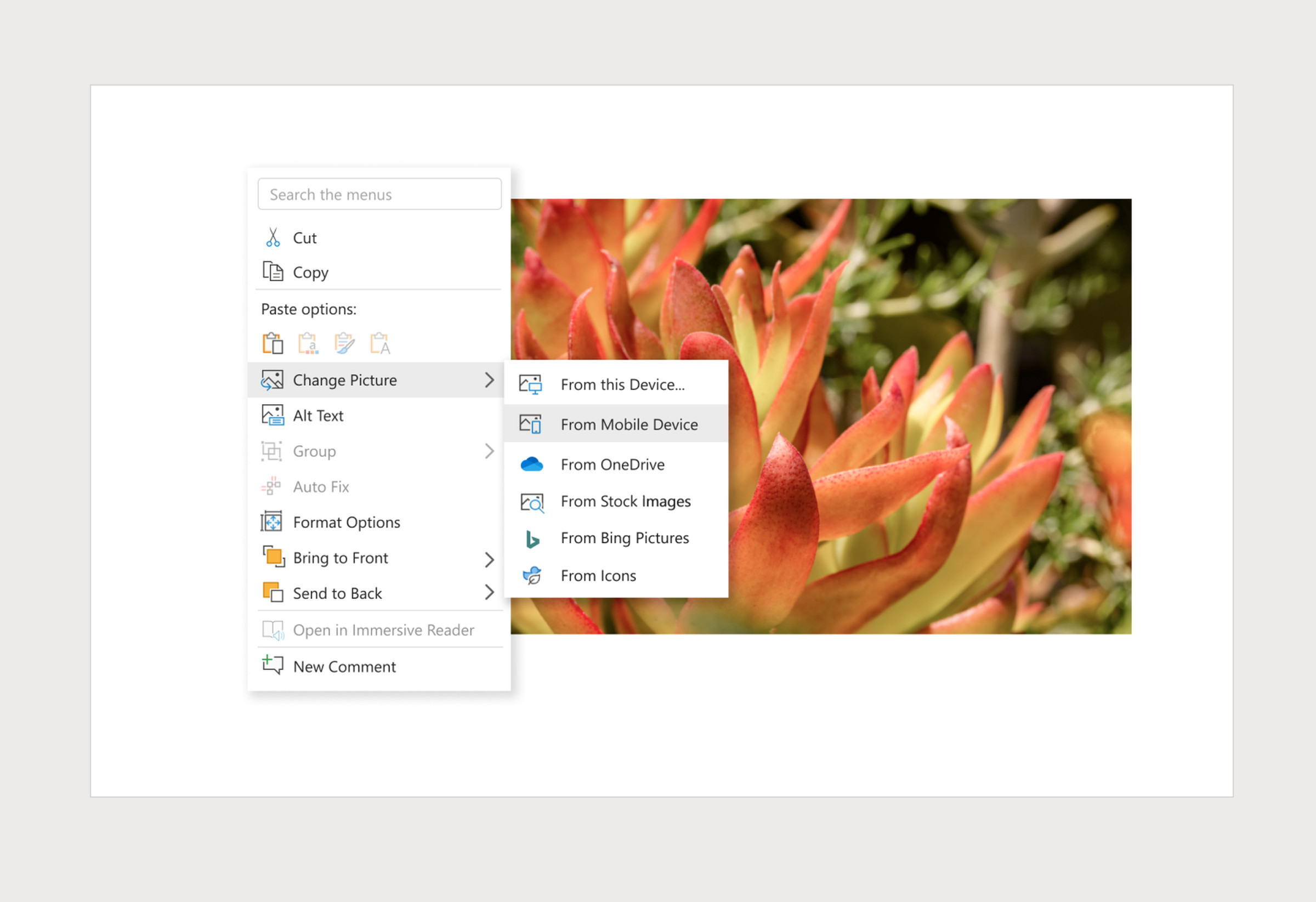 Una captura de pantalla que muestra la opción de reemplazar una imagen de un dispositivo móvil en Microsoft Word