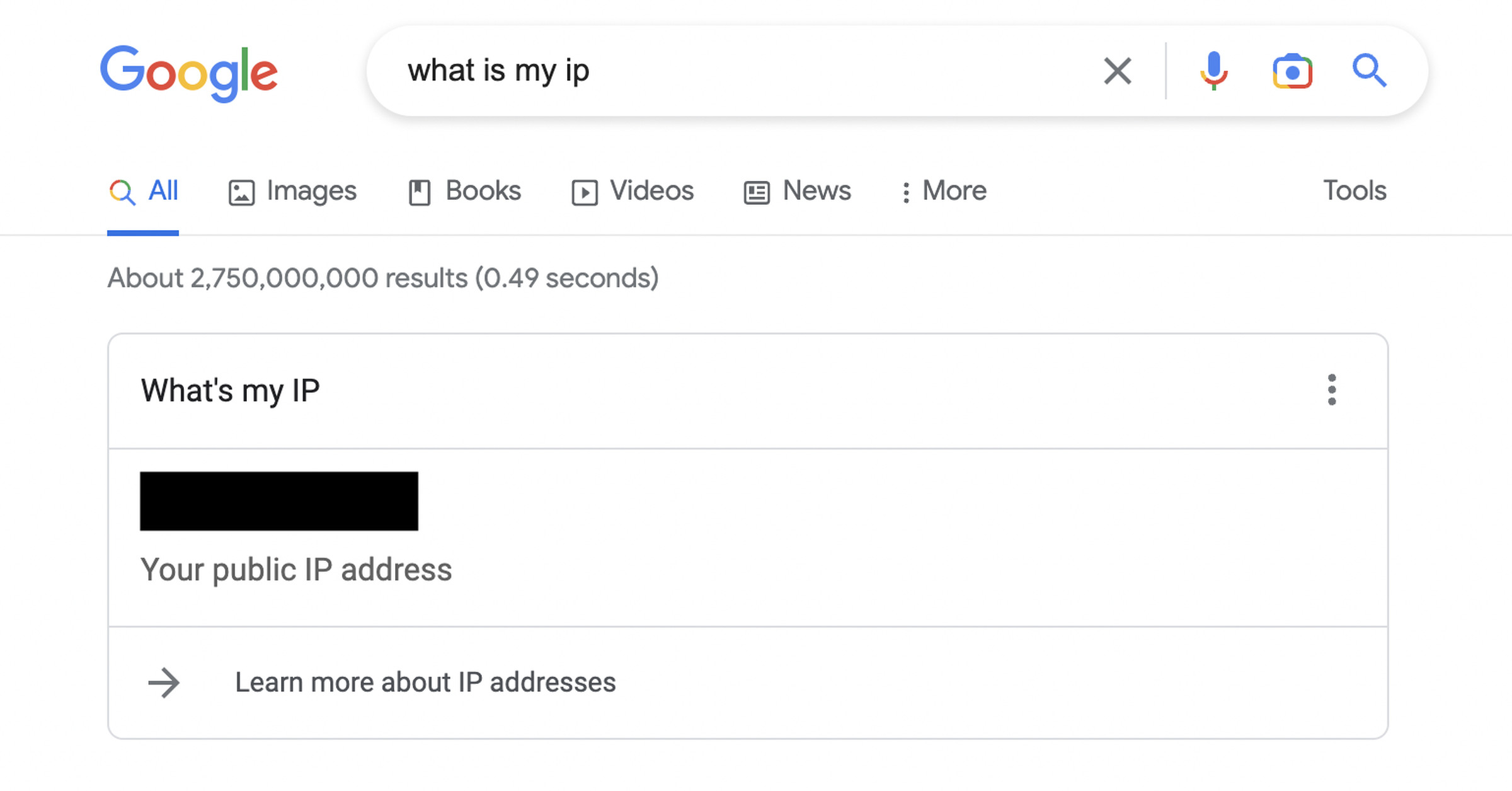 An IP address displayed on Google