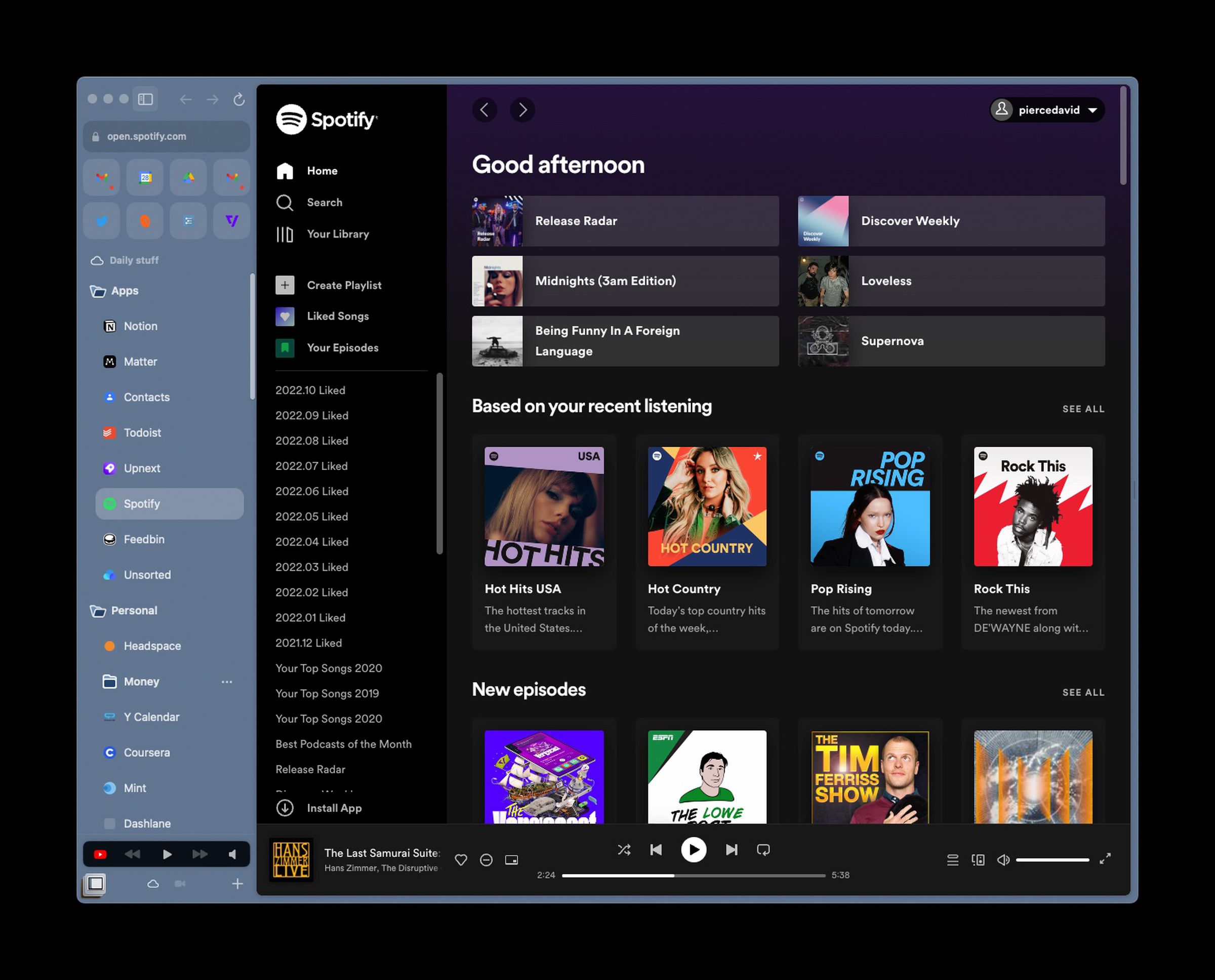 A screenshot of Spotify in the Arc browser.