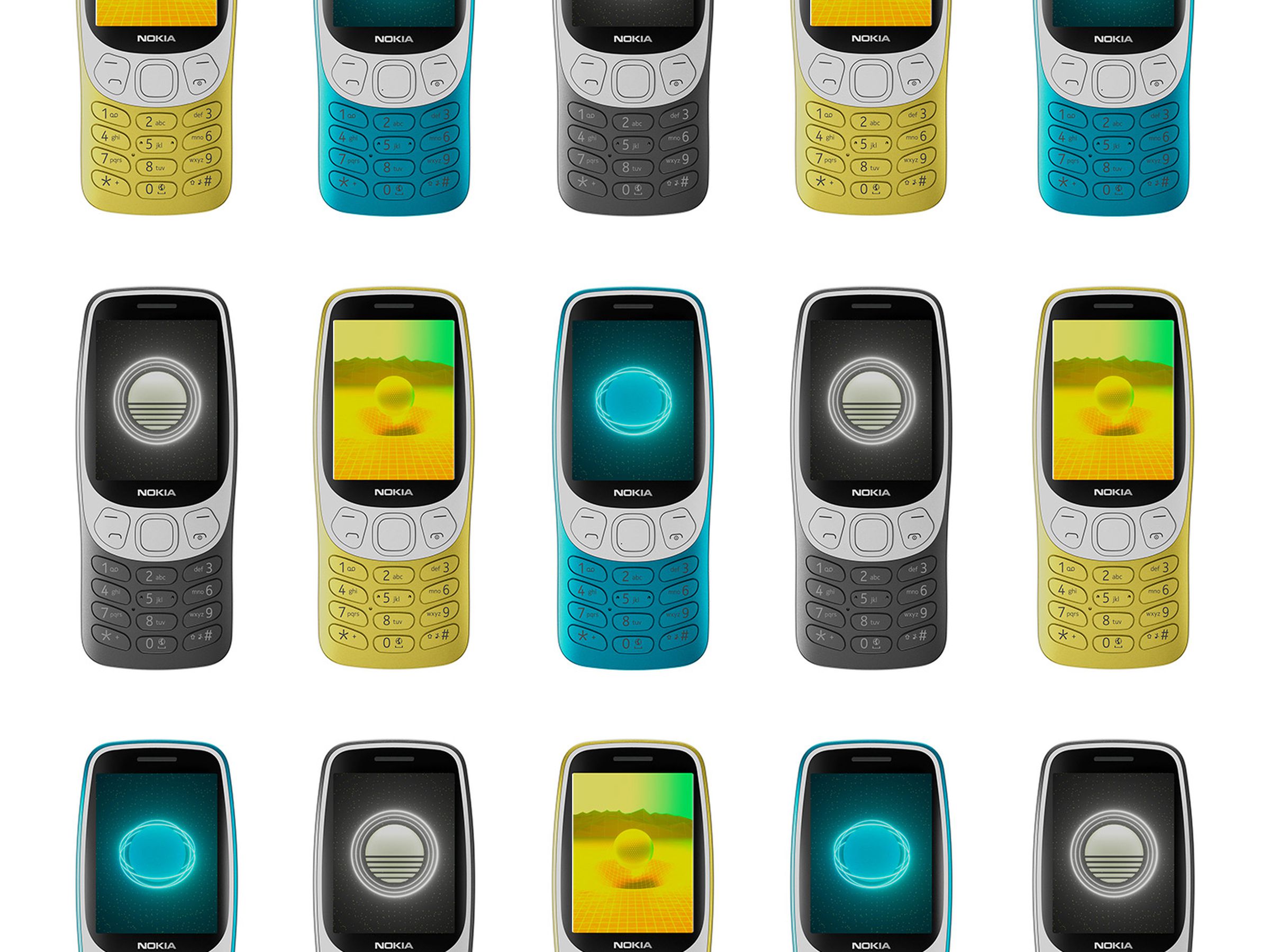 Nokia 3210 in blue, yellow, and black color options.