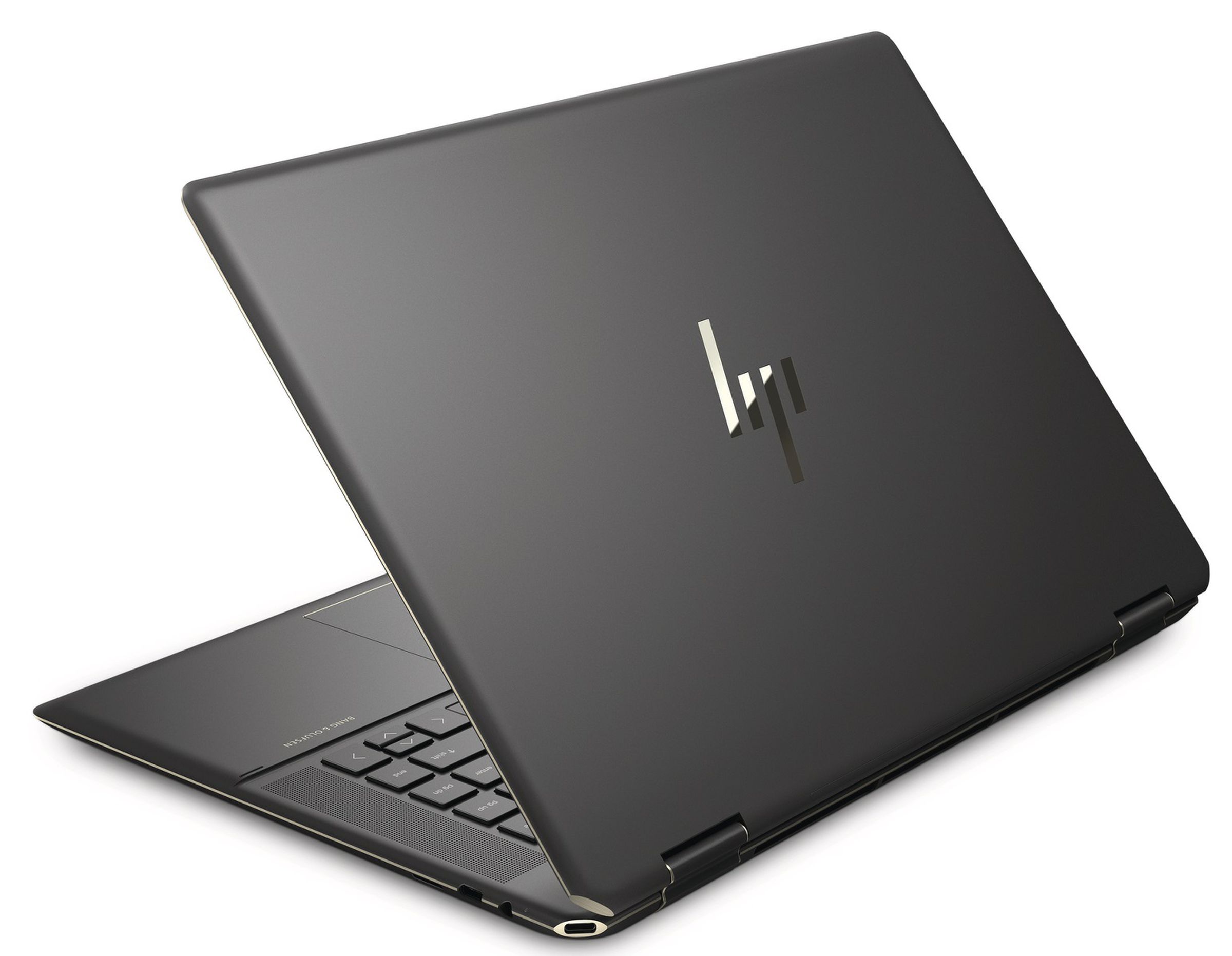 The HP Spectre x360 16 on a white background, half open, angled away from the camera.