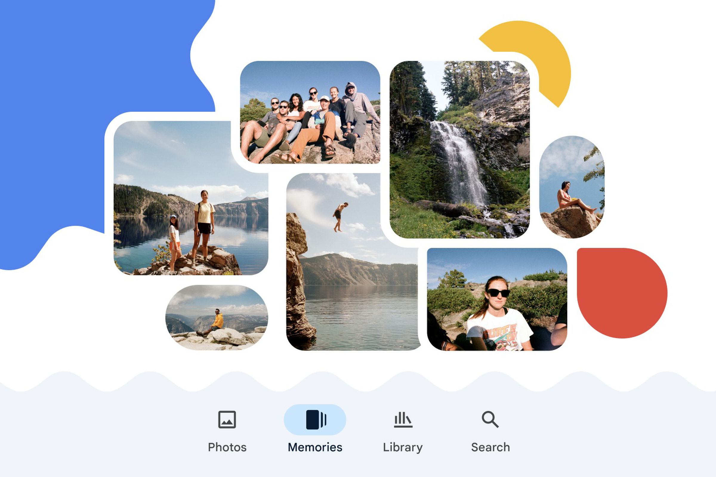 Stylized illustration of the Google Photos app with photos, memories, library, and search buttons on the bottom